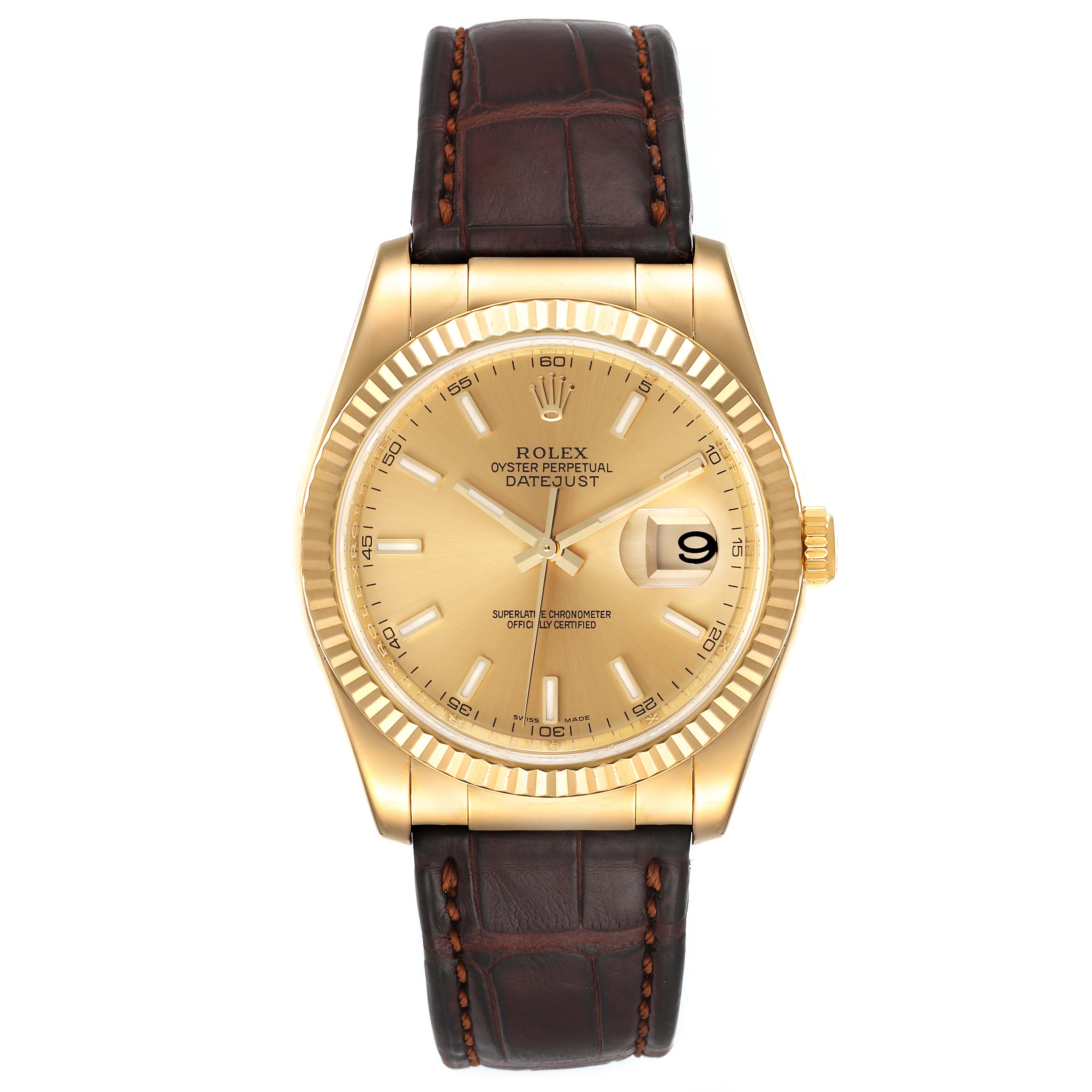 This image shows a front view of a Rolex Datejust 116138 Men's Yellow Gold Champagne Dial 116138 Men's Yellow Gold Champagne Dial watch, featuring a gold case, gold dial, and a brown leather strap.