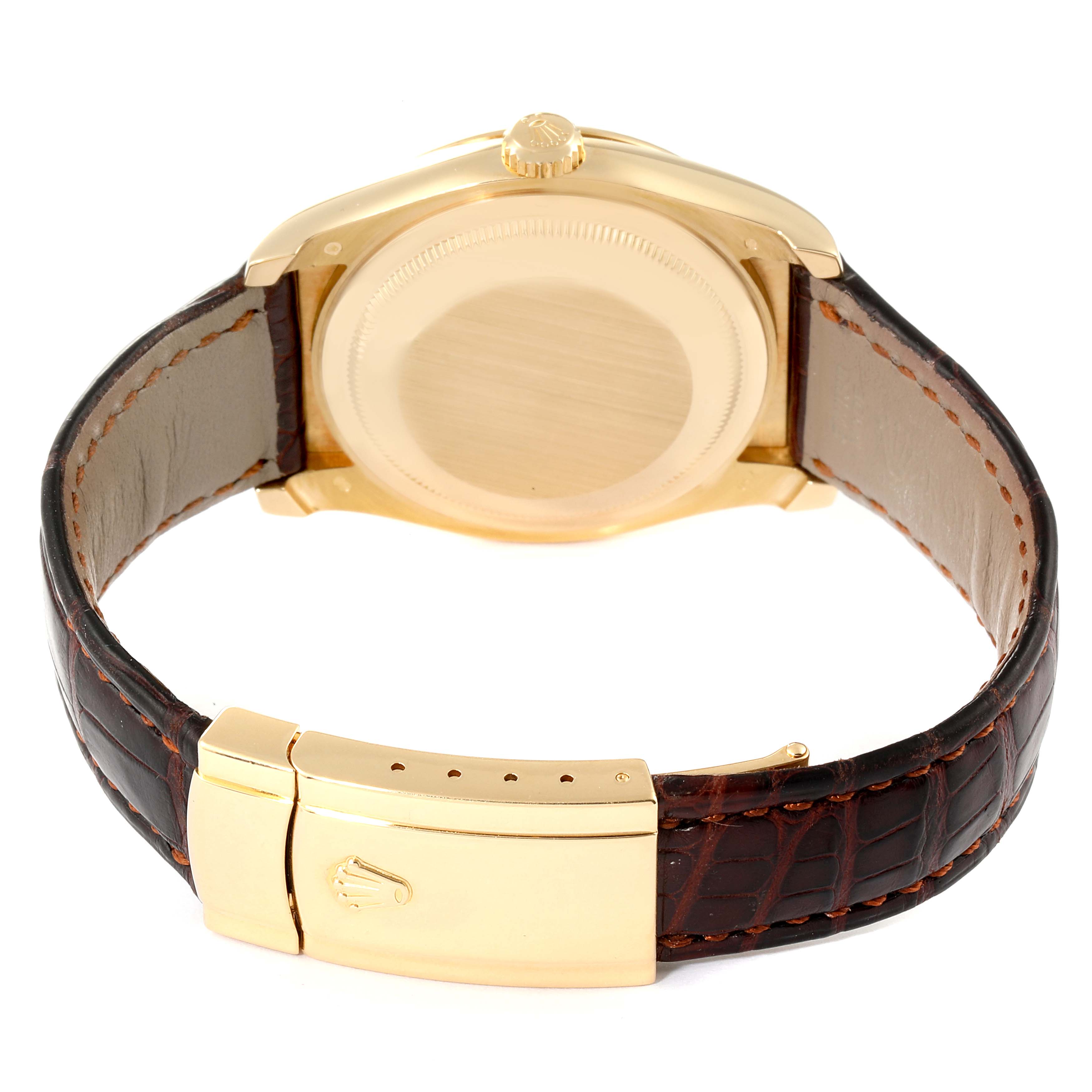 This image shows the back casing, crown, and leather strap with a clasp of a Rolex Datejust 116138 Men's Yellow Gold Champagne Dial 116138 Men's Yellow Gold Champagne Dial watch.