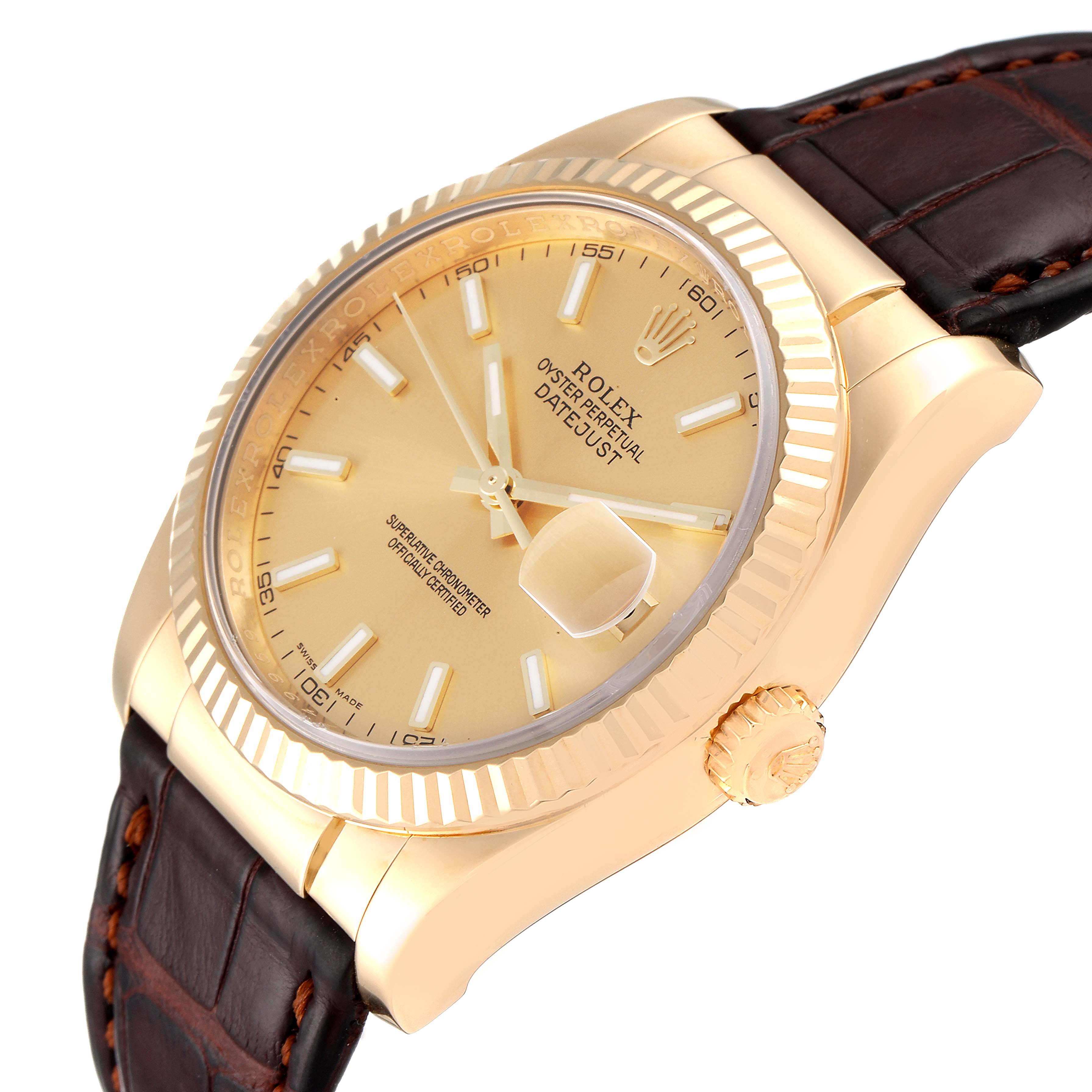The image shows a side view of a Rolex Datejust 116138 Men's Yellow Gold Champagne Dial 116138 Men's Yellow Gold Champagne Dial watch, focusing on the dial, bezel, crown, and leather strap.