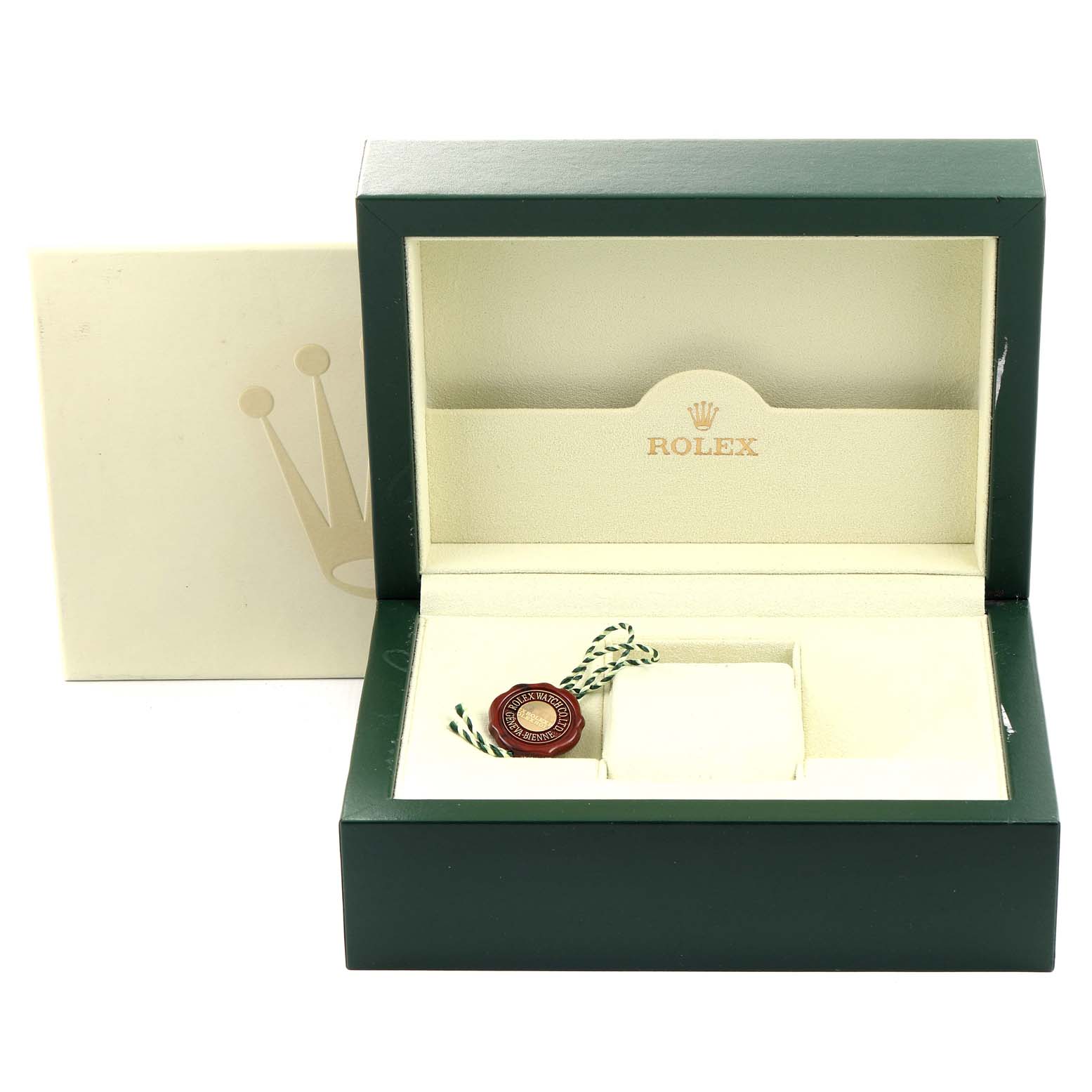 A Rolex Datejust 116138 Men's Yellow Gold Champagne Dial 116138 Men's Yellow Gold Champagne Dial watch box and accessories, including a hang tag, are shown from a frontal angle.