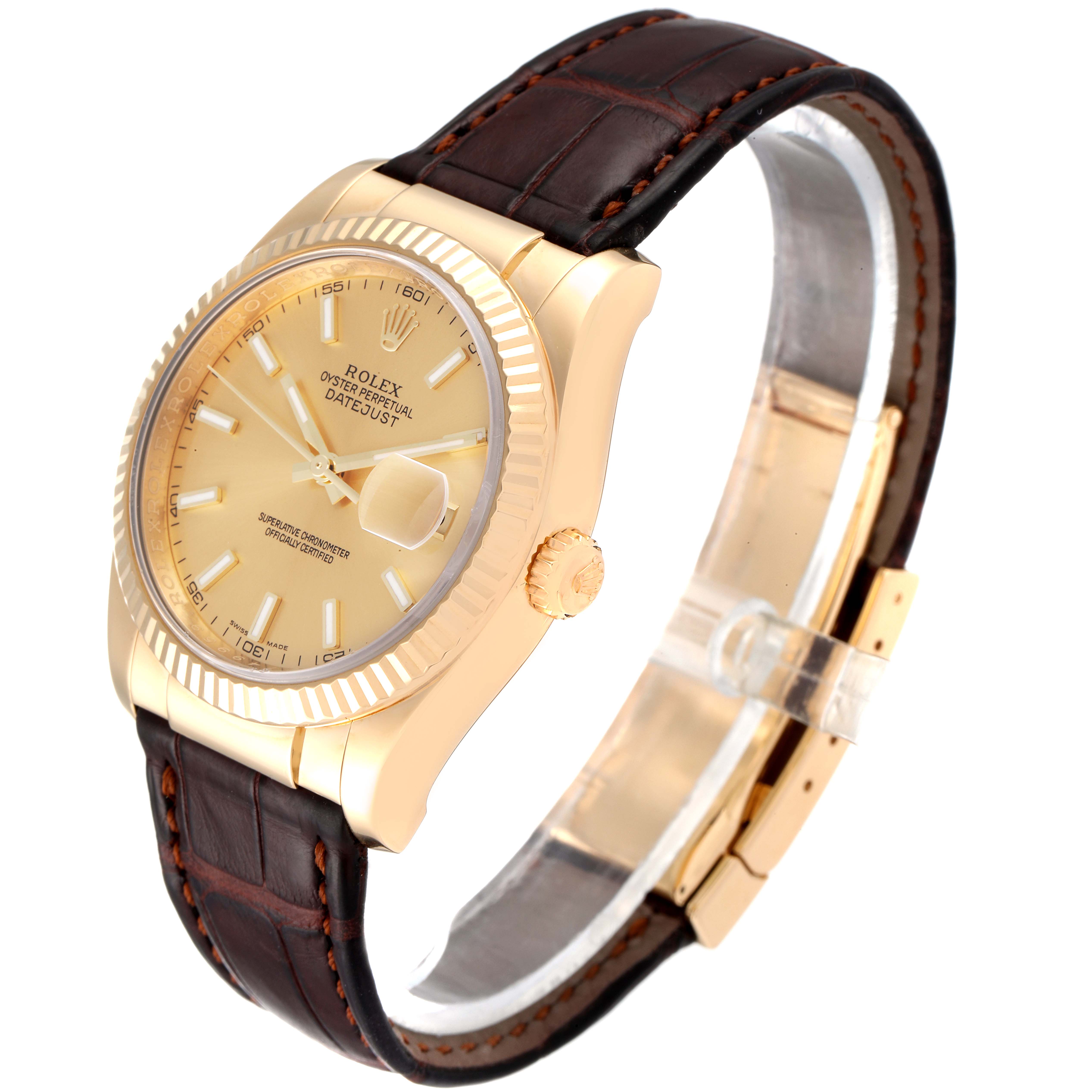 The image shows a Rolex Datejust 116138 Men's Yellow Gold Champagne Dial 116138 Men's Yellow Gold Champagne Dial watch at a three-quarter angle, displaying the face, crown, bezel, and leather strap.