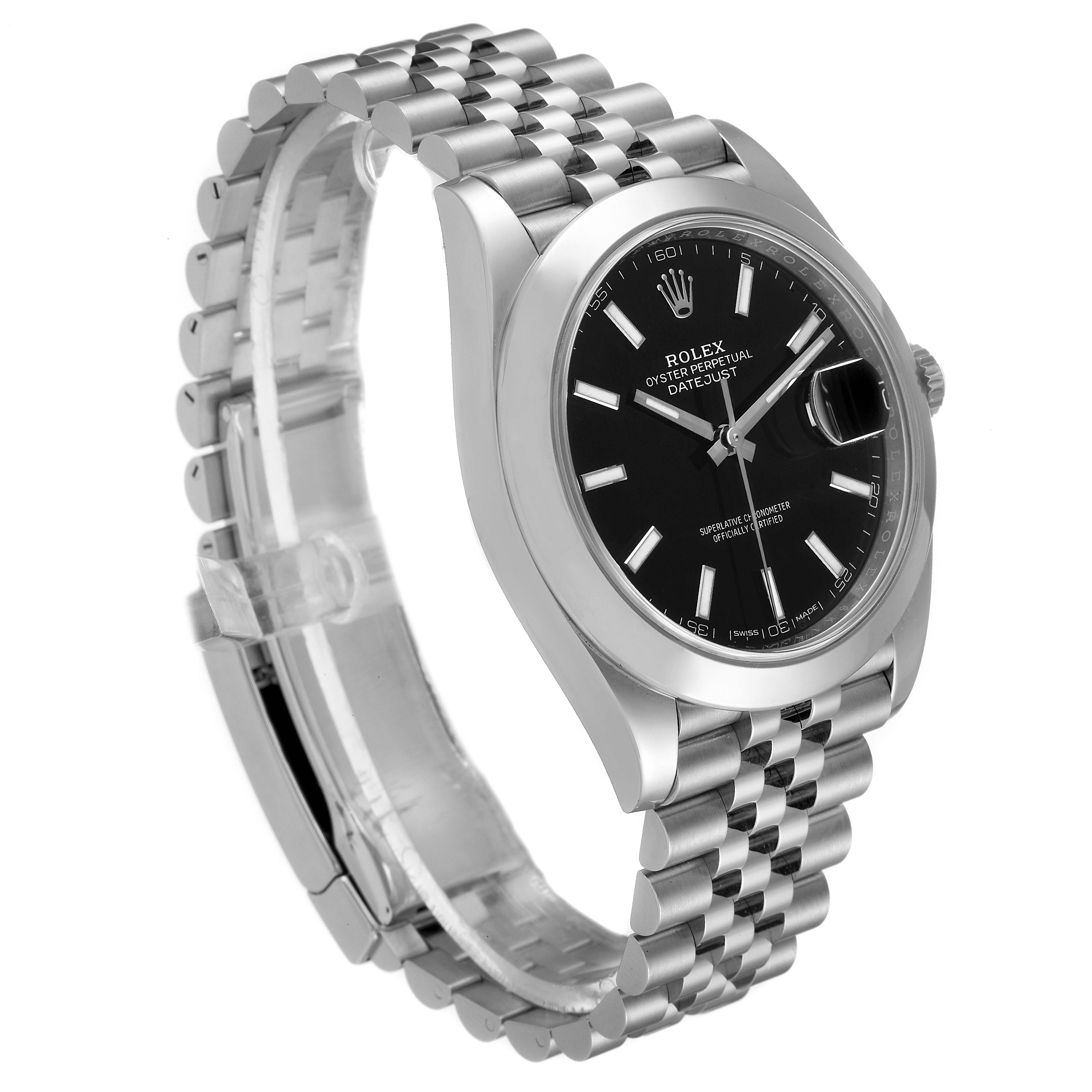 This image shows a Rolex Datejust 41 126300 Men's Stainless Steel Black Dial 126300 Men's Stainless Steel Black Dial watch at a three-quarter angle, highlighting its black dial and silver jubilee bracelet.
