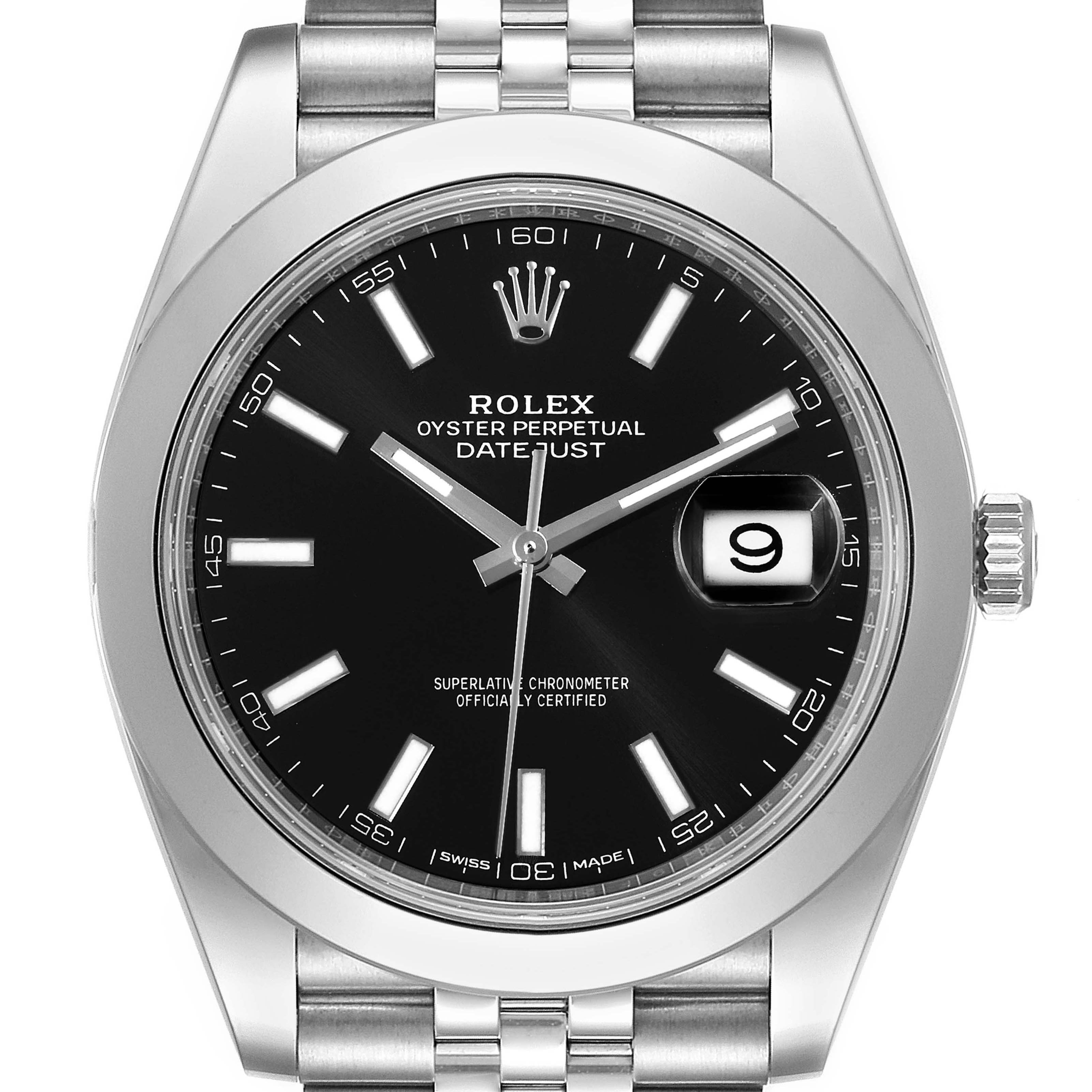 The image shows a front view of the Rolex Datejust 41 126300 Men's Stainless Steel Black Dial 126300 Men's Stainless Steel Black Dial watch, highlighting the black dial, hour markers, hands, date window, and part of the bracelet.