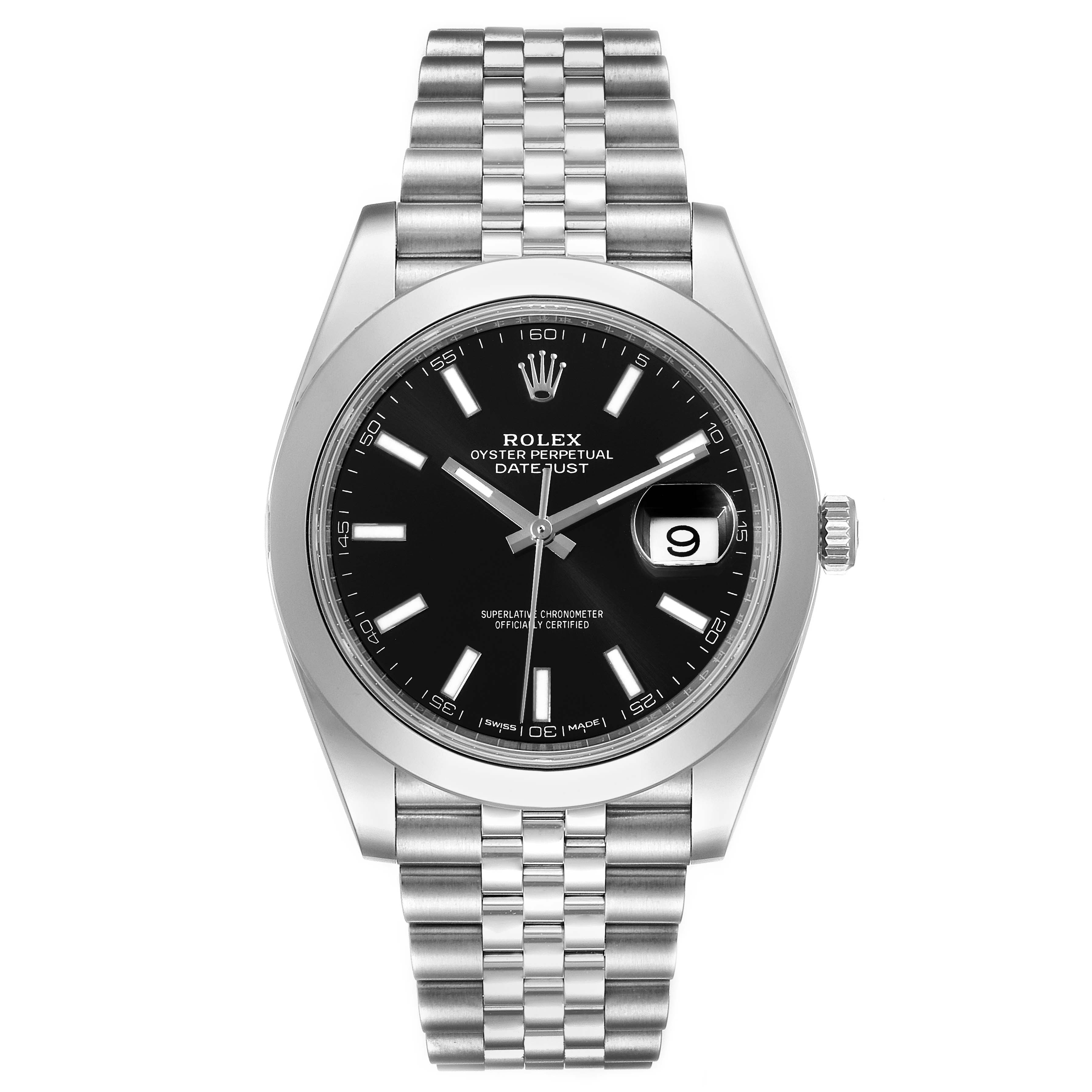 This is a front view of a Rolex Datejust 41 126300 Men's Stainless Steel Black Dial 126300 Men's Stainless Steel Black Dial watch, showing the dial, hands, date window, and bracelet.