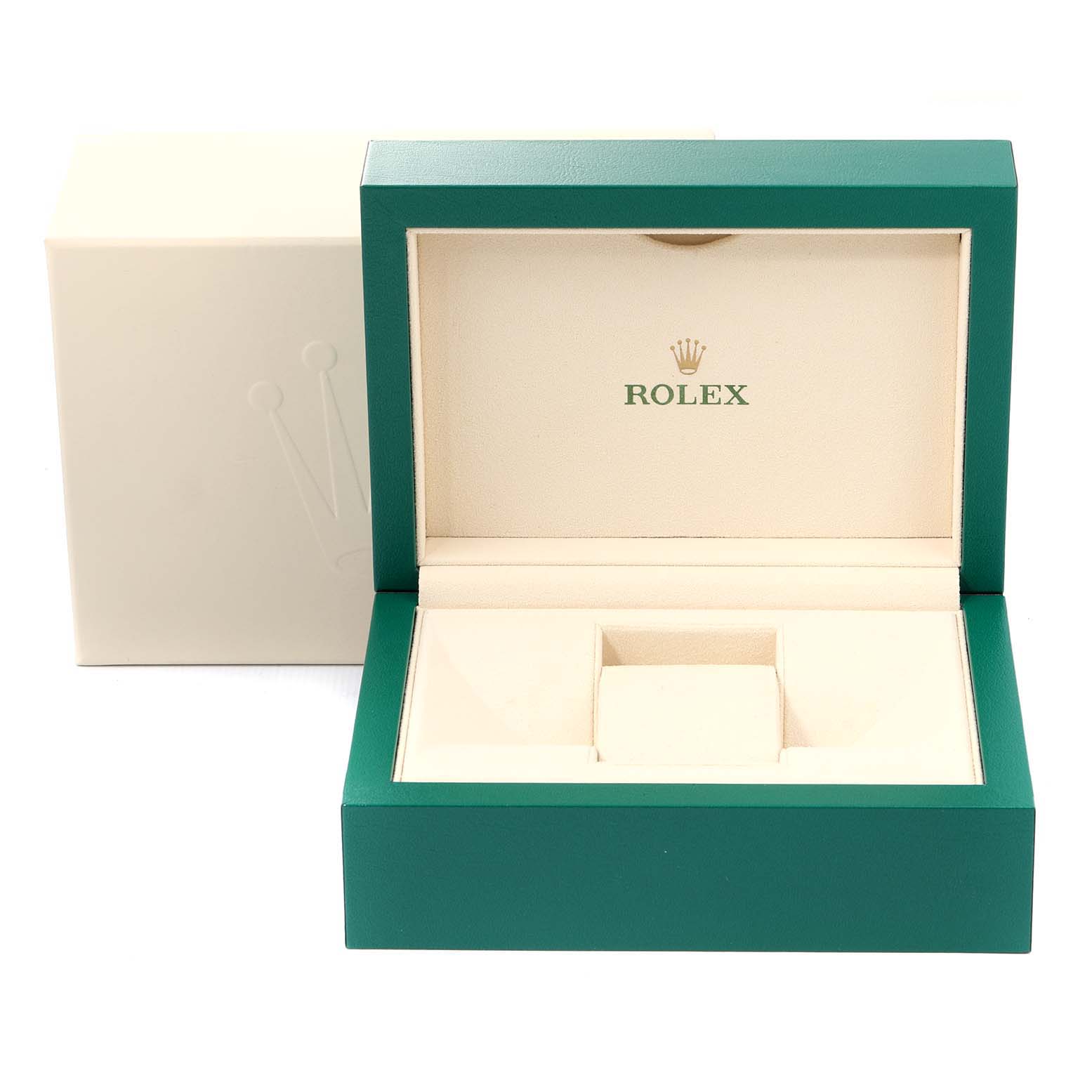 The image shows an open green Rolex watch box, with the Rolex logo, designed to hold the Datejust 41 model.