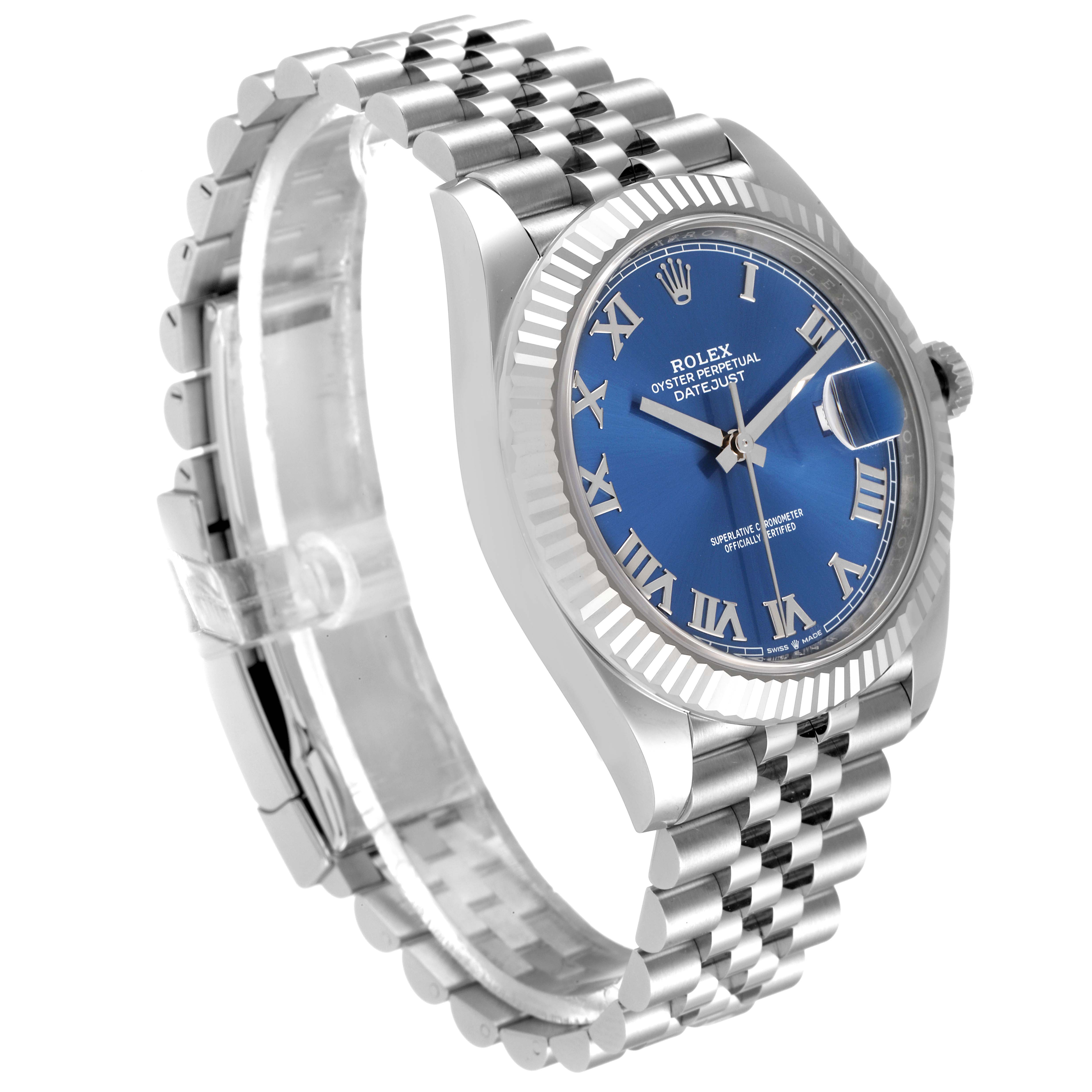 The image shows a Rolex Datejust 41 126334 Men's Stainless Steel Blue Dial 126334 Men's Stainless Steel Blue Dial watch with a blue dial, Roman numerals, and a Jubilee bracelet at a slight side angle.