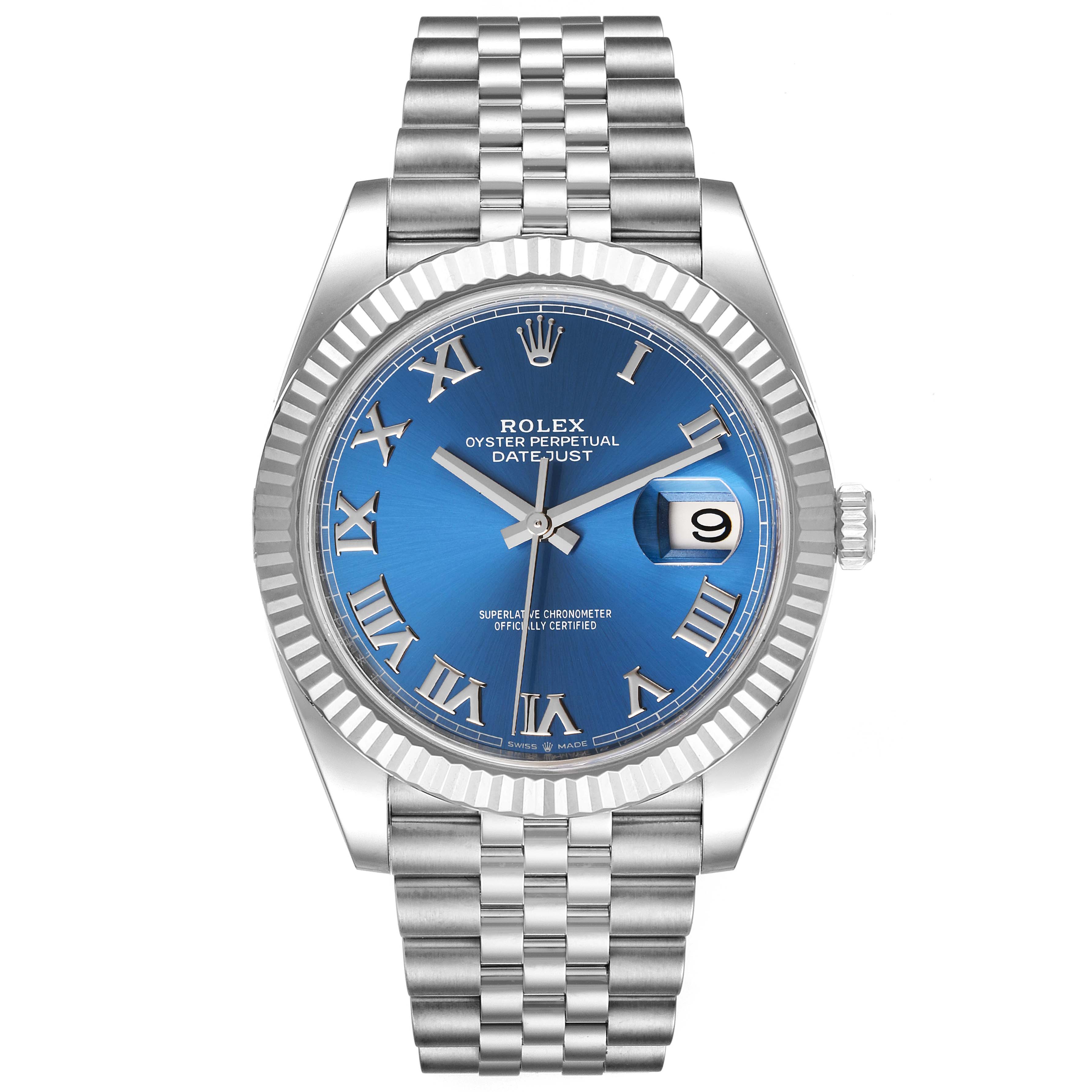 This image shows a front view of the Rolex Datejust 41 126334 Men's Stainless Steel Blue Dial 126334 Men's Stainless Steel Blue Dial with a blue dial, Roman numeral markers, fluted bezel, and jubilee bracelet.