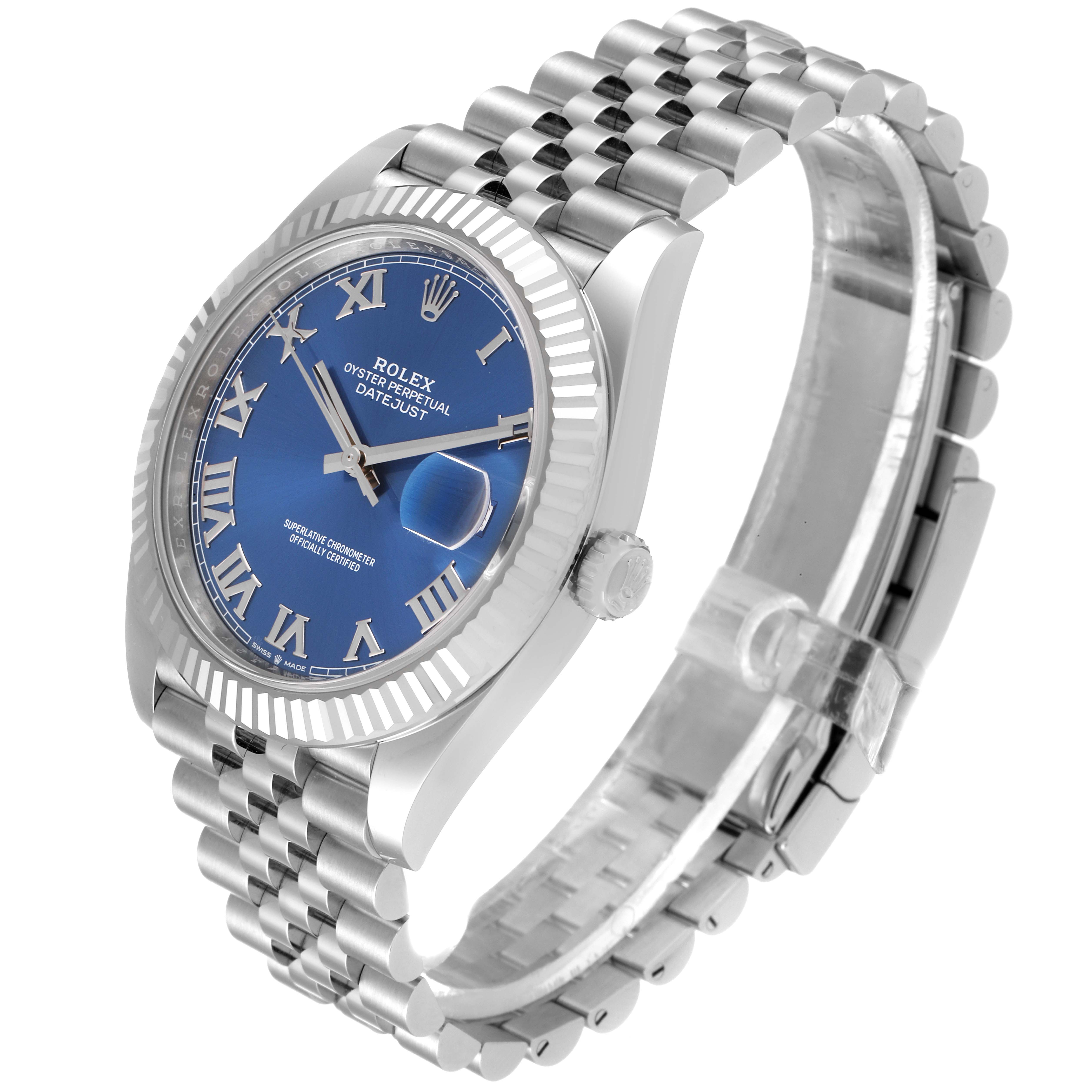 The Rolex Datejust 41 126334 Men's Stainless Steel Blue Dial 126334 Men's Stainless Steel Blue Dial watch is shown at an angle highlighting the dial, bezel, crown, and bracelet.