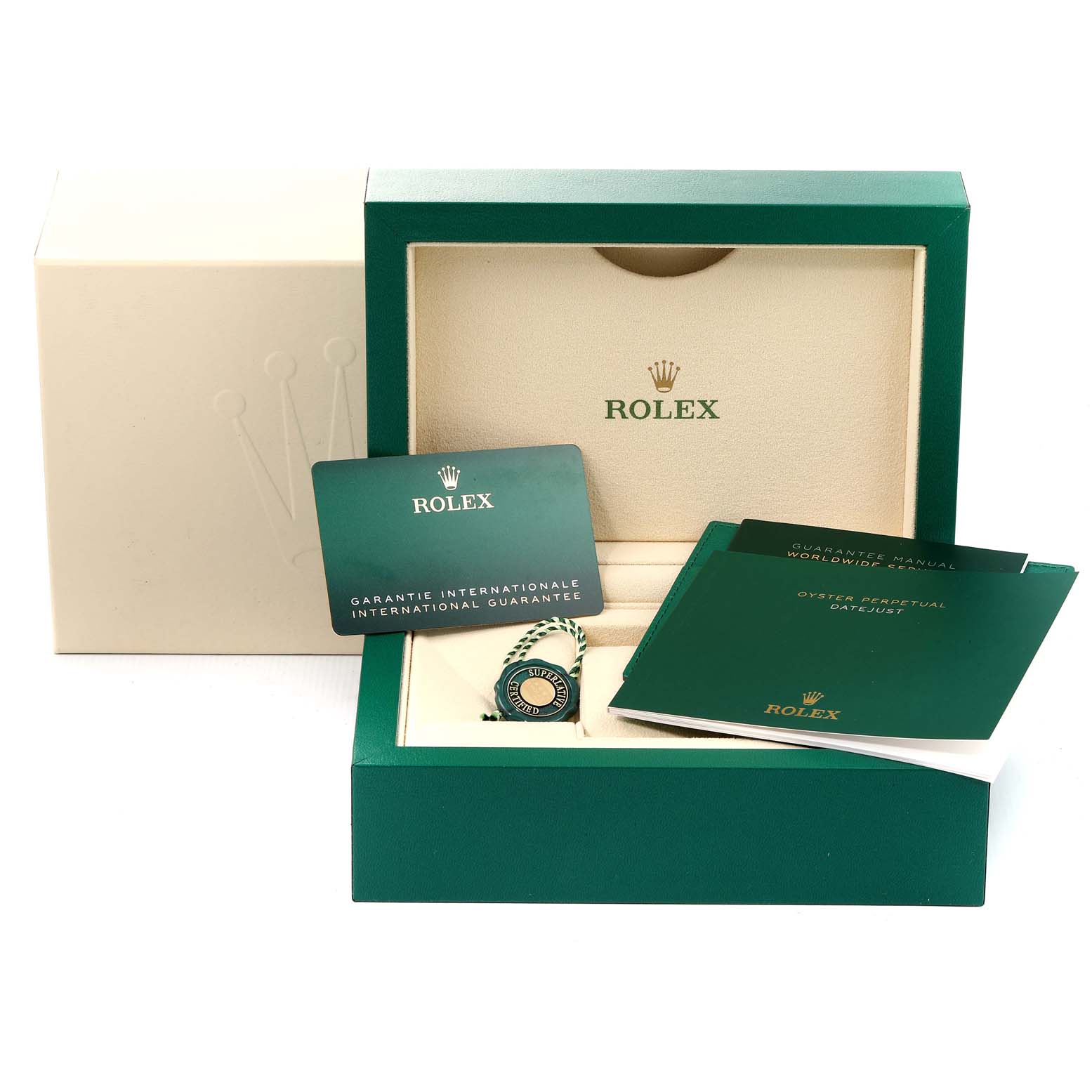 The image shows the packaging and accessories for a Rolex Datejust 41 126334 Men's Stainless Steel Blue Dial 126334 Men's Stainless Steel Blue Dial, including a box, warranty card, tag, and manuals.
