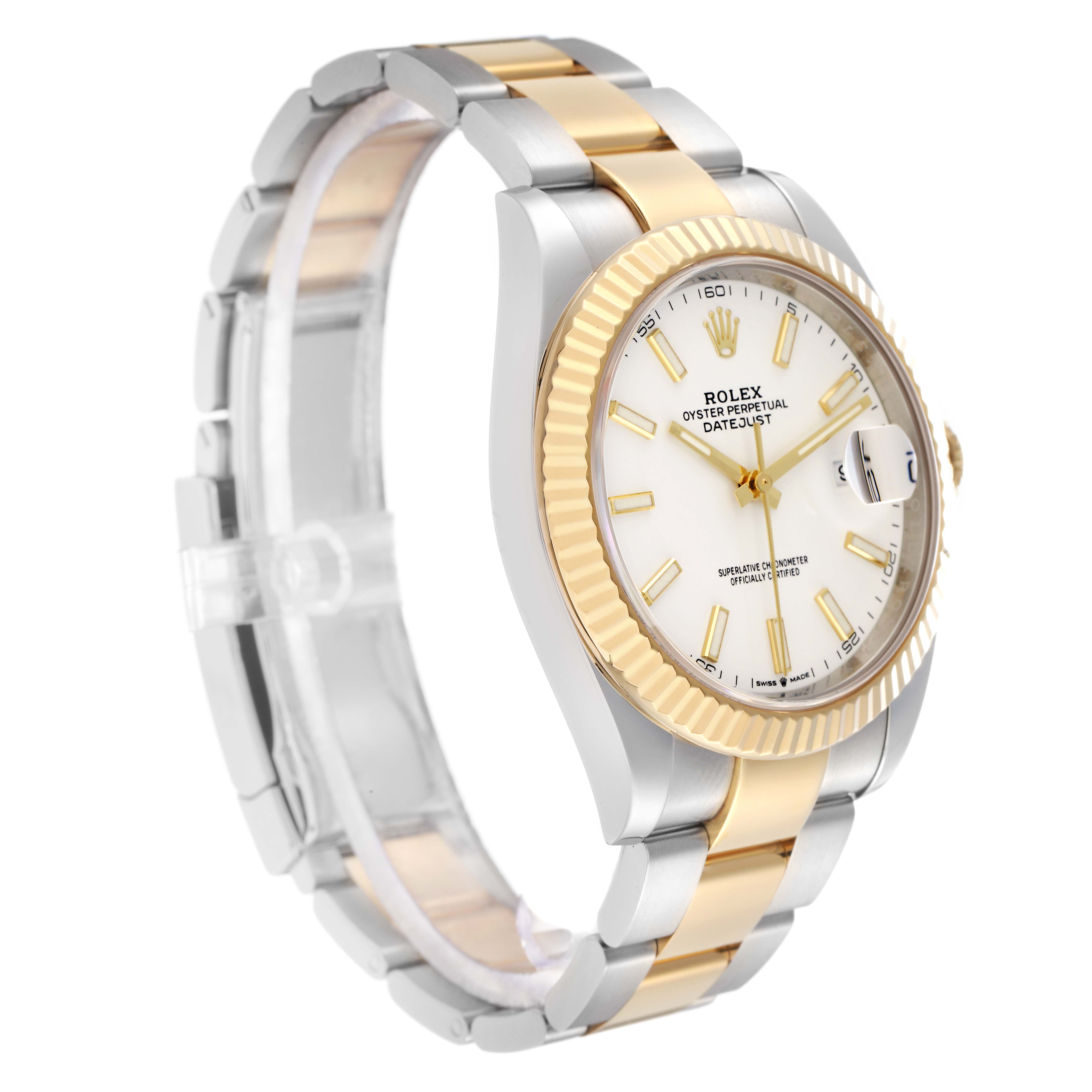 This Rolex Datejust 126333 Men
s Steel and Gold (two tone) White Dial watch is shown at a three-quarters angle, highlighting the dial, bezel, and two-tone bracelet.