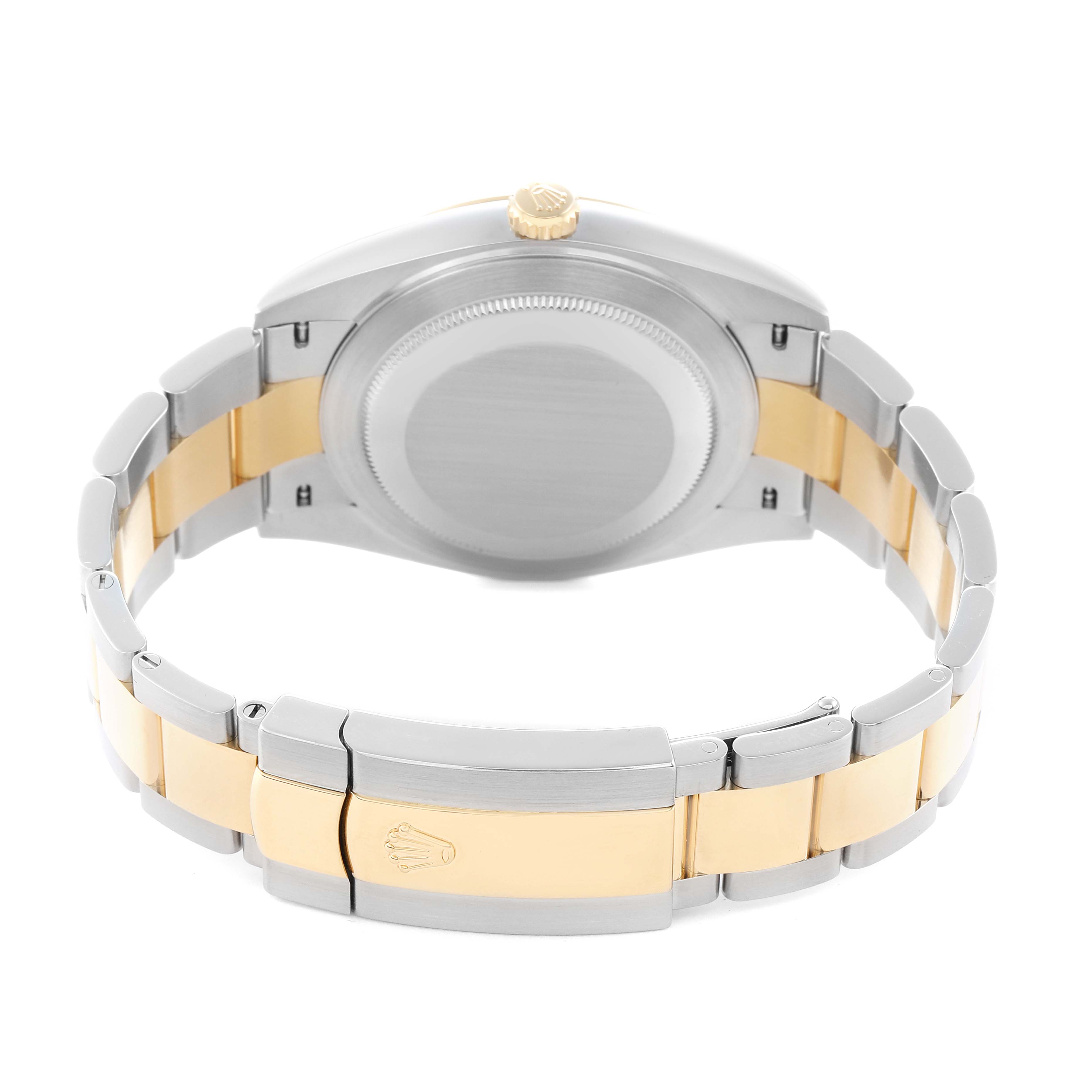 The image shows the back view of a Rolex Datejust 126333 Men
s Steel and Gold (two tone) White Dial, highlighting the case back, crown, and two-tone bracelet with a clasp.