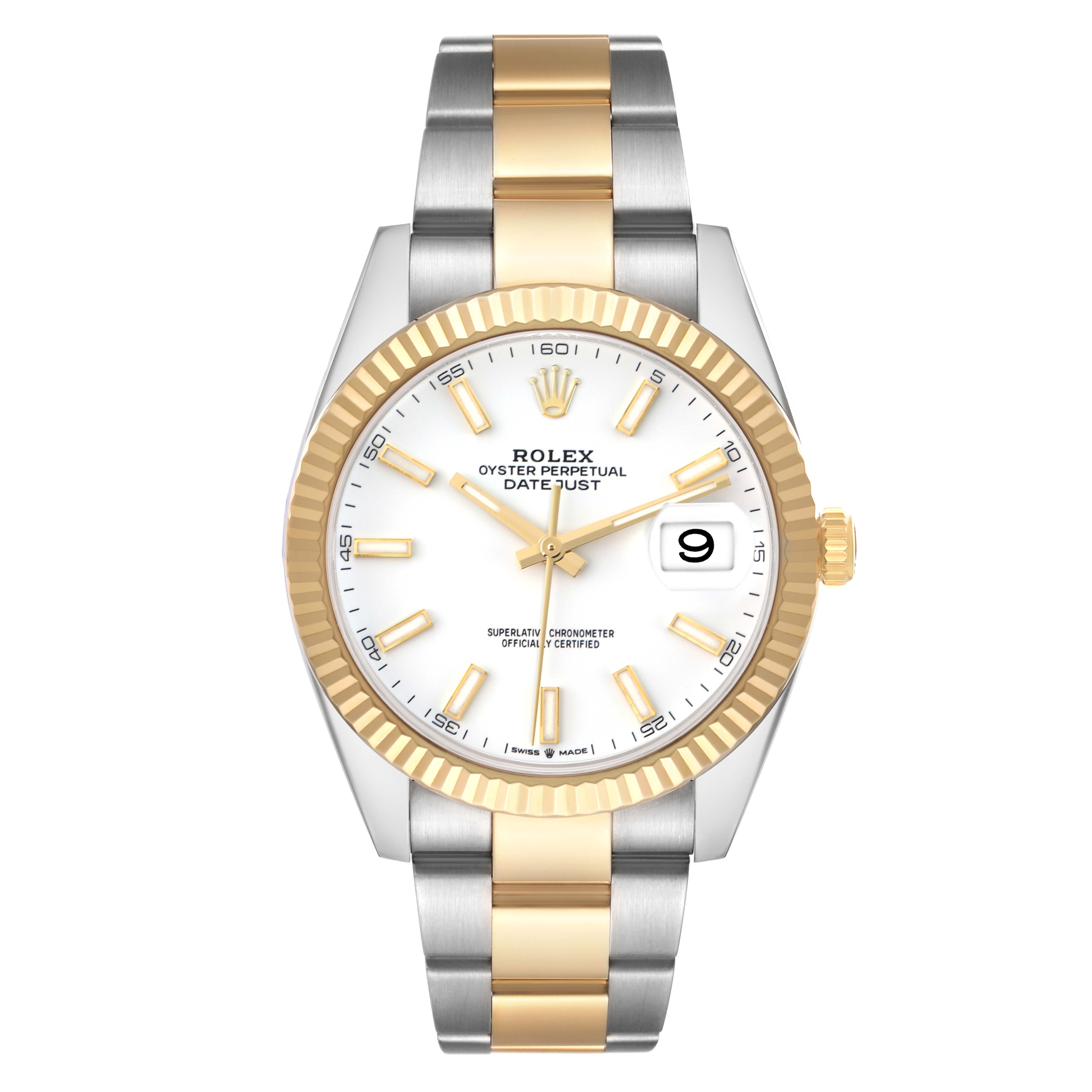 The Rolex Datejust 126333 Men
s Steel and Gold (two tone) White Dial watch is shown from a front angle, displaying the dial, fluted bezel, two-tone bracelet, and cyclops lens.