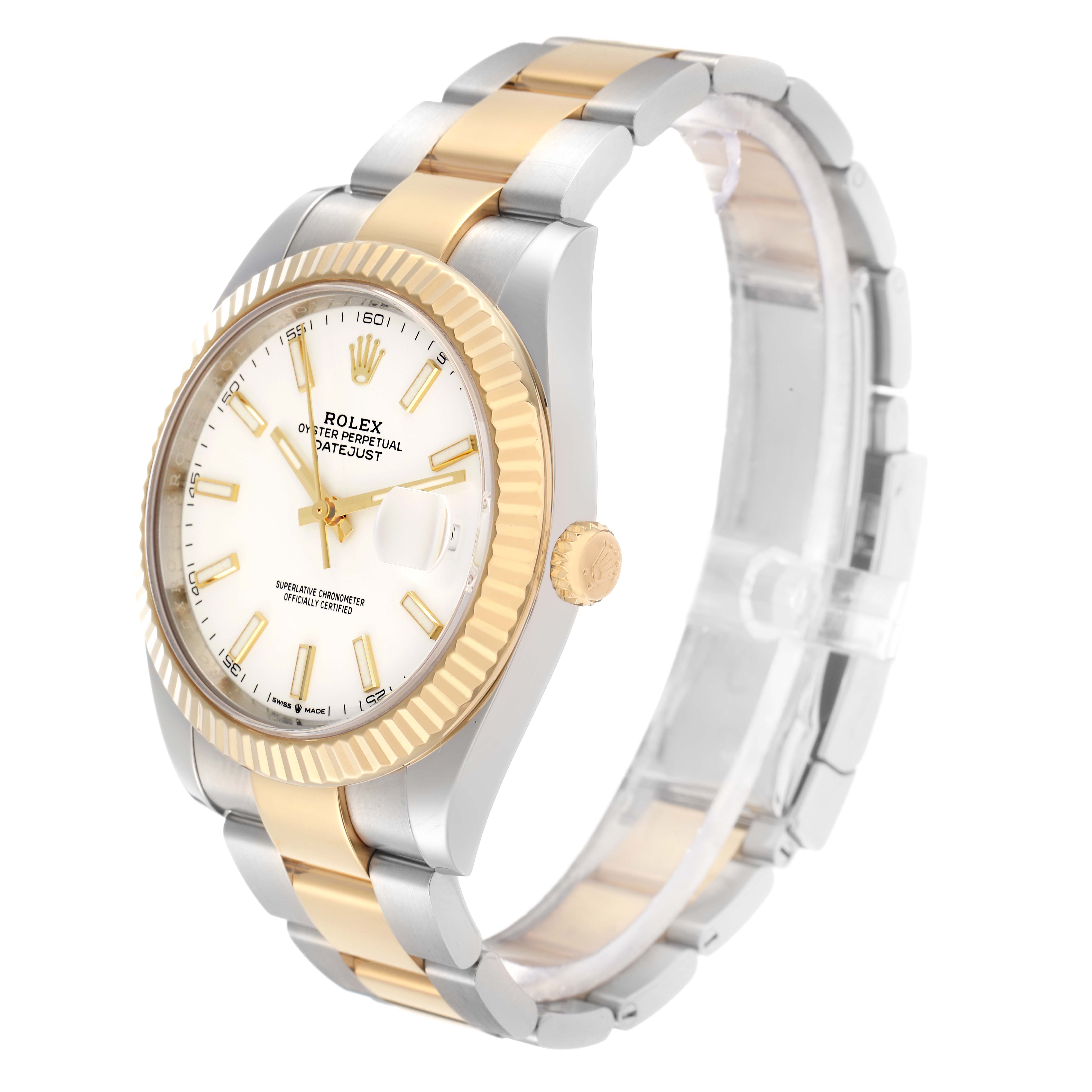 The Rolex Datejust 126333 Men
s Steel and Gold (two tone) White Dial watch is shown at a three-quarter angle, highlighting the dial, bezel, case, crown, and bracelet.