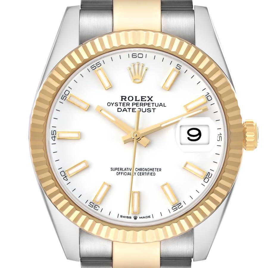 This image shows the front view of a Rolex Datejust model 126333 men's watch, highlighting the dial, hour markers, date window, fluted bezel, and part of the bracelet.