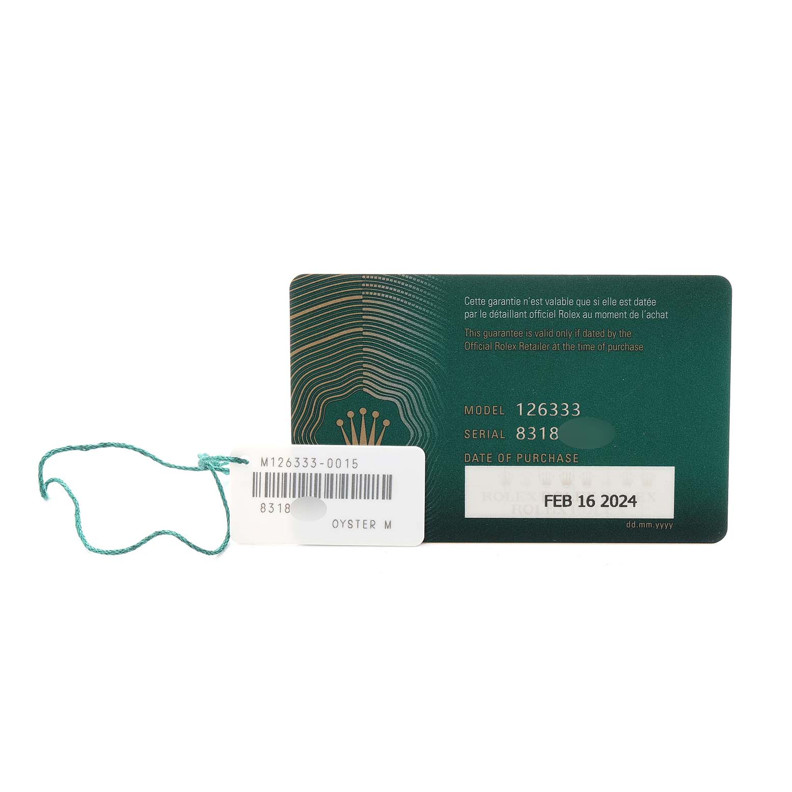 The image shows the warranty card and tag for a Rolex Datejust 126333 Men
s Steel and Gold (two tone) White Dial, including the model, serial number, and purchase date.