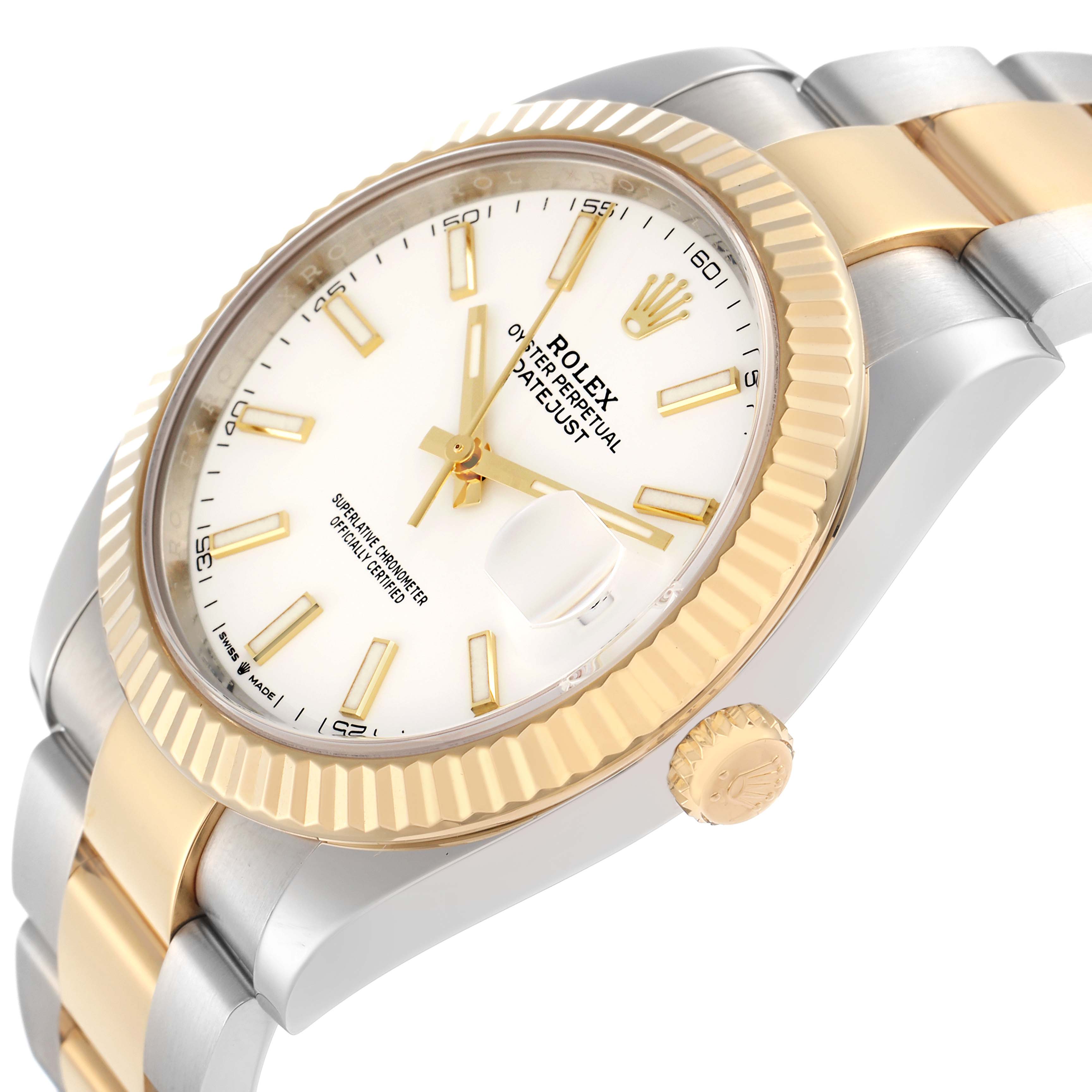 The Rolex Datejust 126333 Men
s Steel and Gold (two tone) White Dial watch is shown at a slight side angle, highlighting the bezel, crown, and part of the two-tone bracelet.