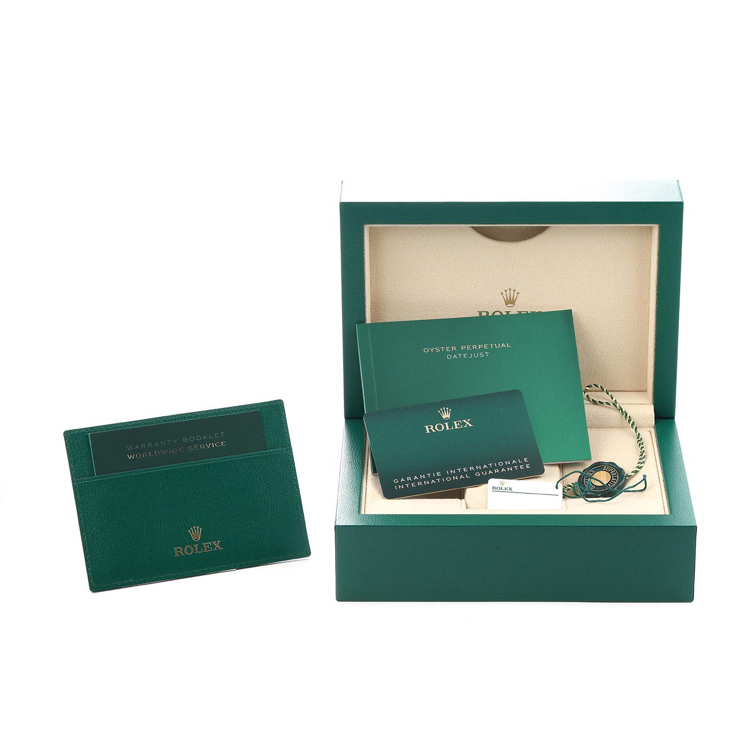 The image shows a Rolex Datejust 126333 Men
s Steel and Gold (two tone) White Dial watch box, warranty card, booklet, and accessories at an angle highlighting the packaging.