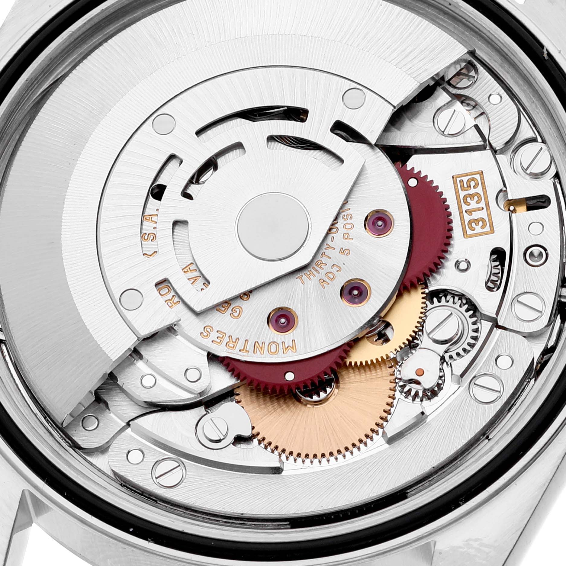 The image shows the intricate internal movement mechanism of a Rolex Datejust 16200 Men's Stainless Steel Blue Dial 16200 Men's Stainless Steel Blue Dial model watch from a close-up angle.