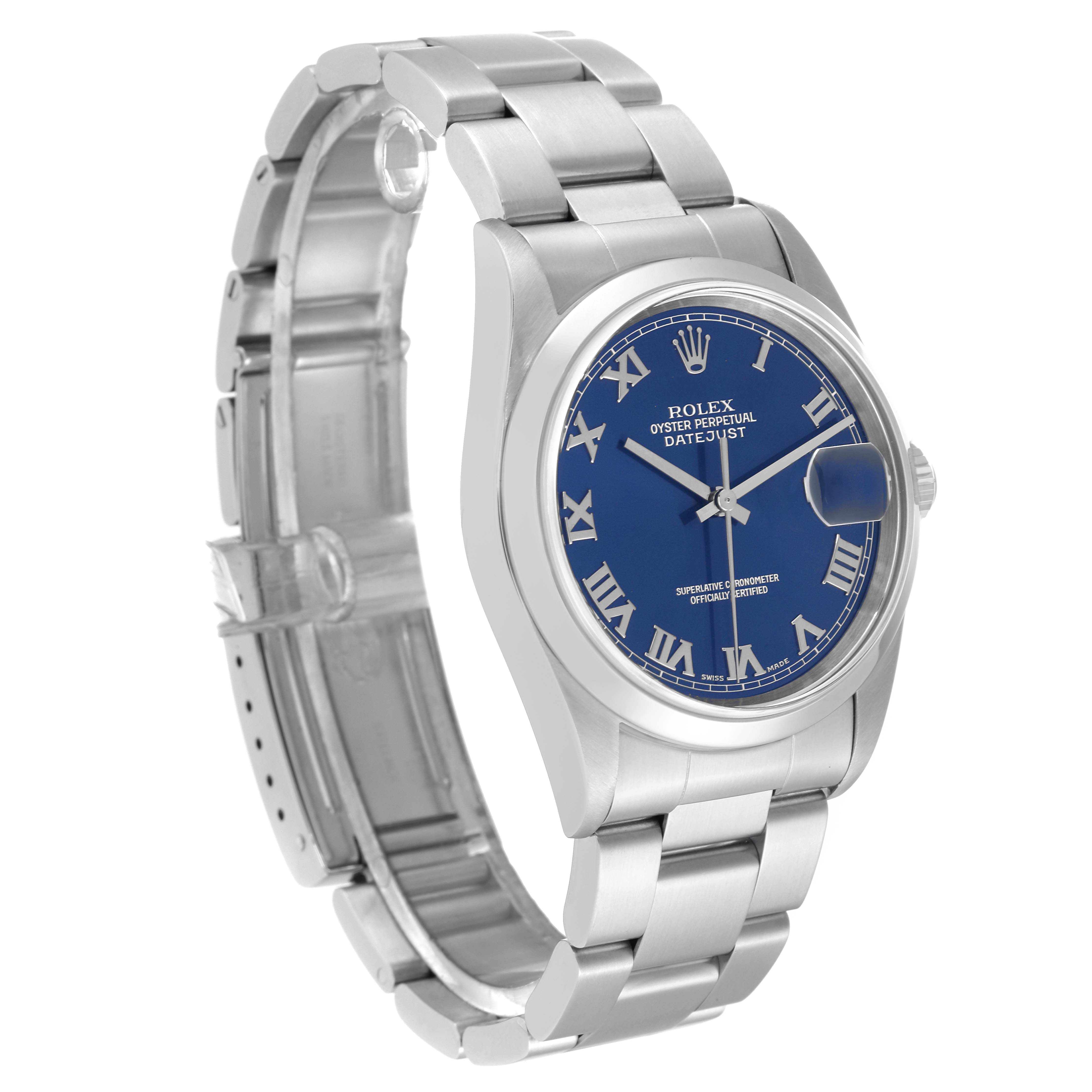 The Rolex Datejust 16200 Men's Stainless Steel Blue Dial 16200 Men's Stainless Steel Blue Dial watch is shown at an angle displaying the face, bezel, and partially open stainless steel bracelet.