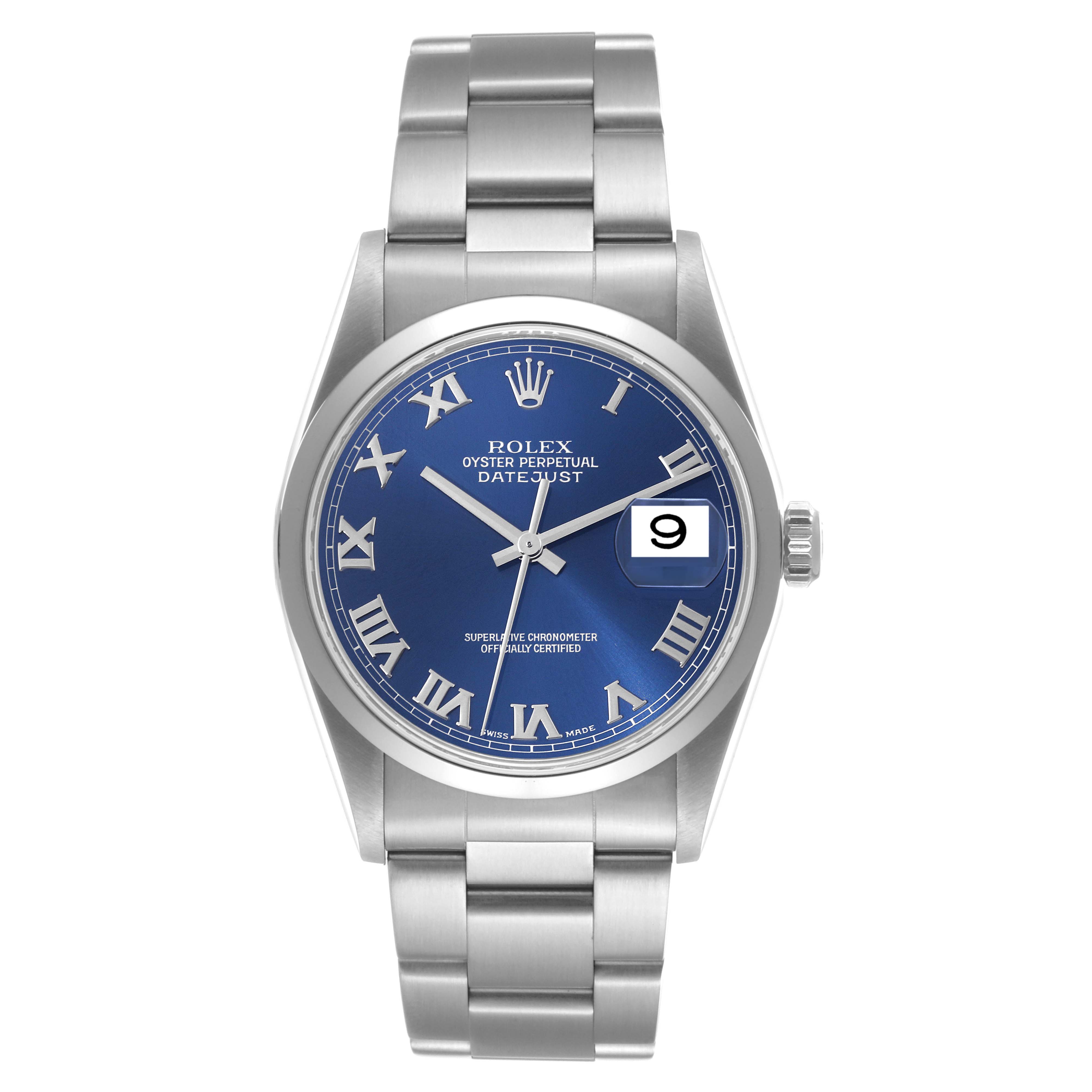 This image shows a front view of a Rolex Datejust 16200 Men's Stainless Steel Blue Dial 16200 Men's Stainless Steel Blue Dial watch displaying the face, bezel, and bracelet.