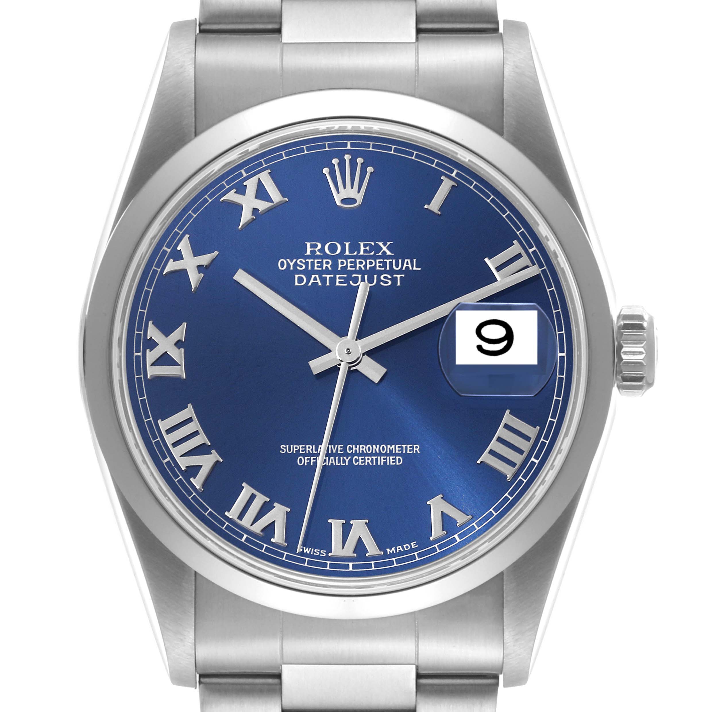 The image shows a front view of a Rolex Datejust 16200 Men's Stainless Steel Blue Dial 16200 Men's Stainless Steel Blue Dial watch, highlighting its blue dial, Roman numerals, and date feature.