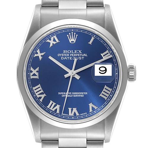 Photo of Rolex Datejust Blue Roman Dial Smooth Bezel Steel Mens Watch 16200 Box Papers