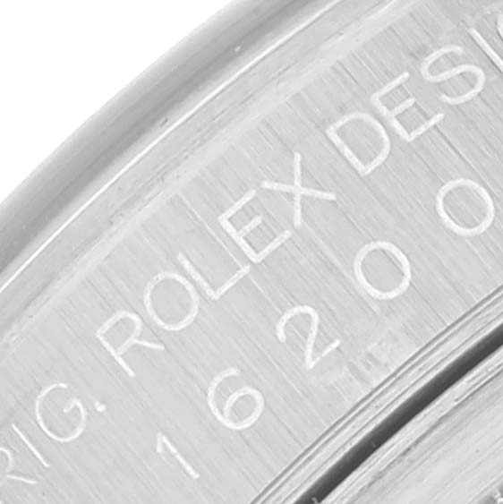 This close-up image shows the engraved model number and brand name on the case of a Rolex Datejust 16200 Men's Stainless Steel Blue Dial 16200 Men's Stainless Steel Blue Dial watch.