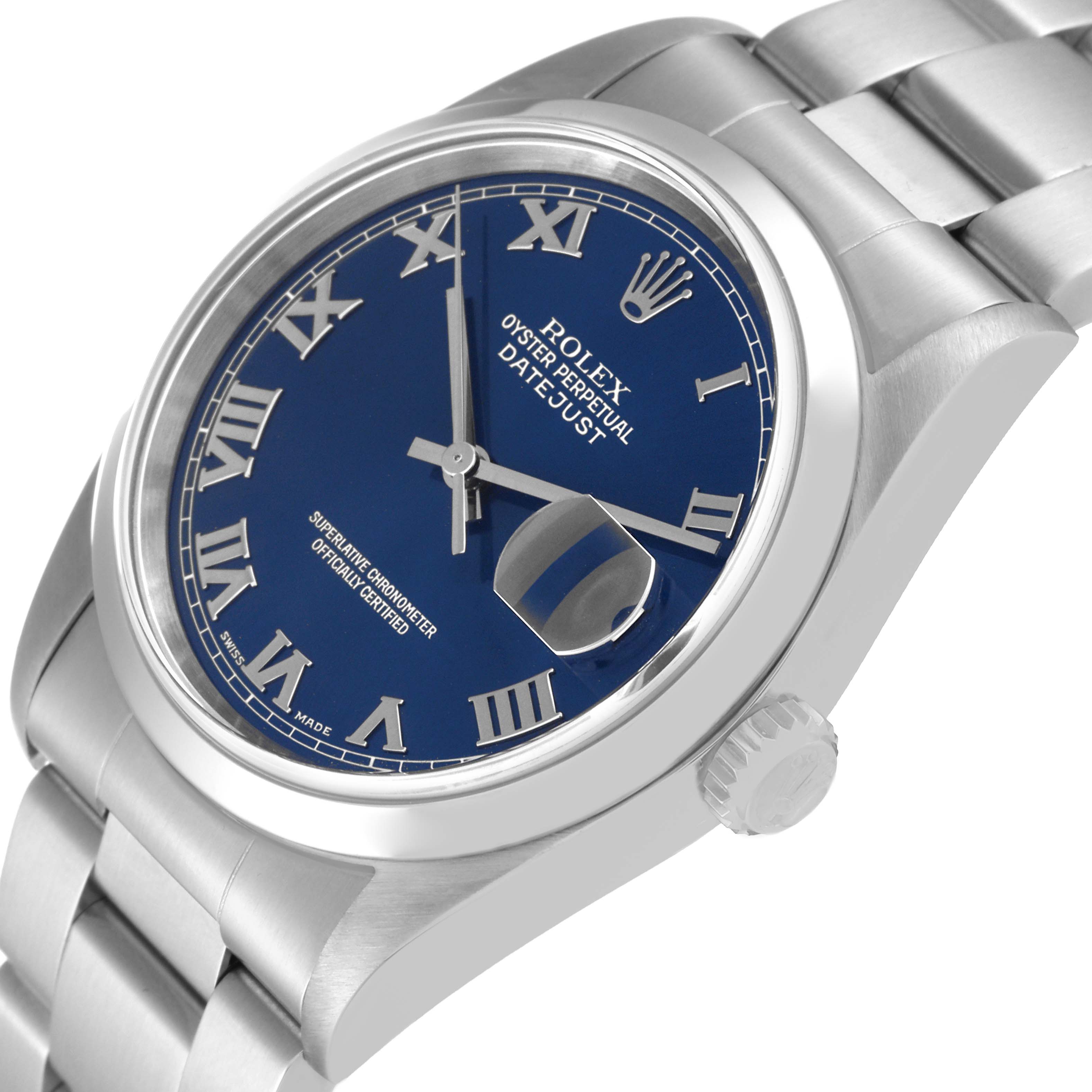 The image shows a close-up, angled view of a Rolex Datejust 16200 Men's Stainless Steel Blue Dial 16200 Men's Stainless Steel Blue Dial watch highlighting the blue dial, Roman numerals, and stainless steel bracelet.