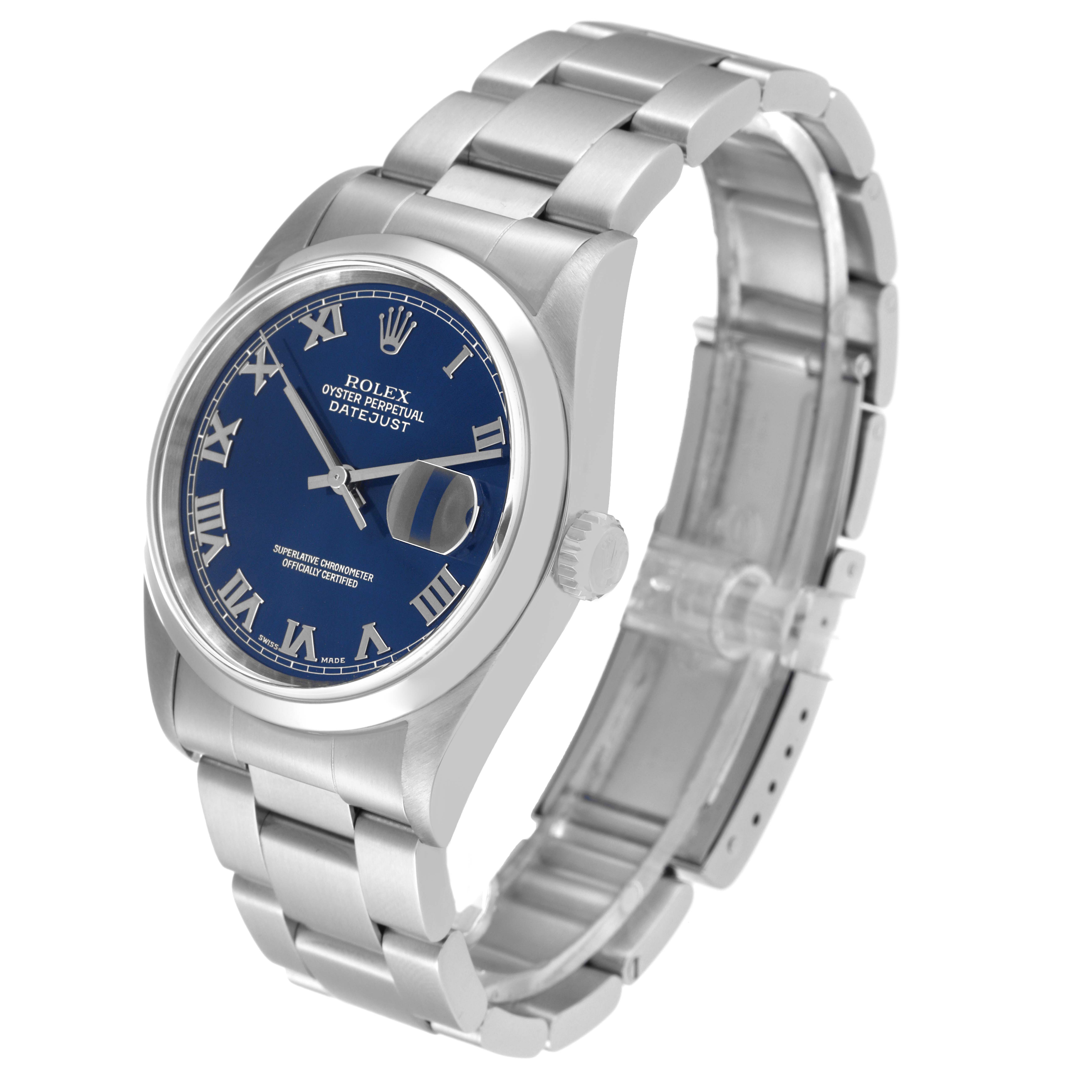 The Rolex Datejust 16200 Men's Stainless Steel Blue Dial 16200 Men's Stainless Steel Blue Dial watch is shown at a slight left front angle, displaying the dial, case, and bracelet.