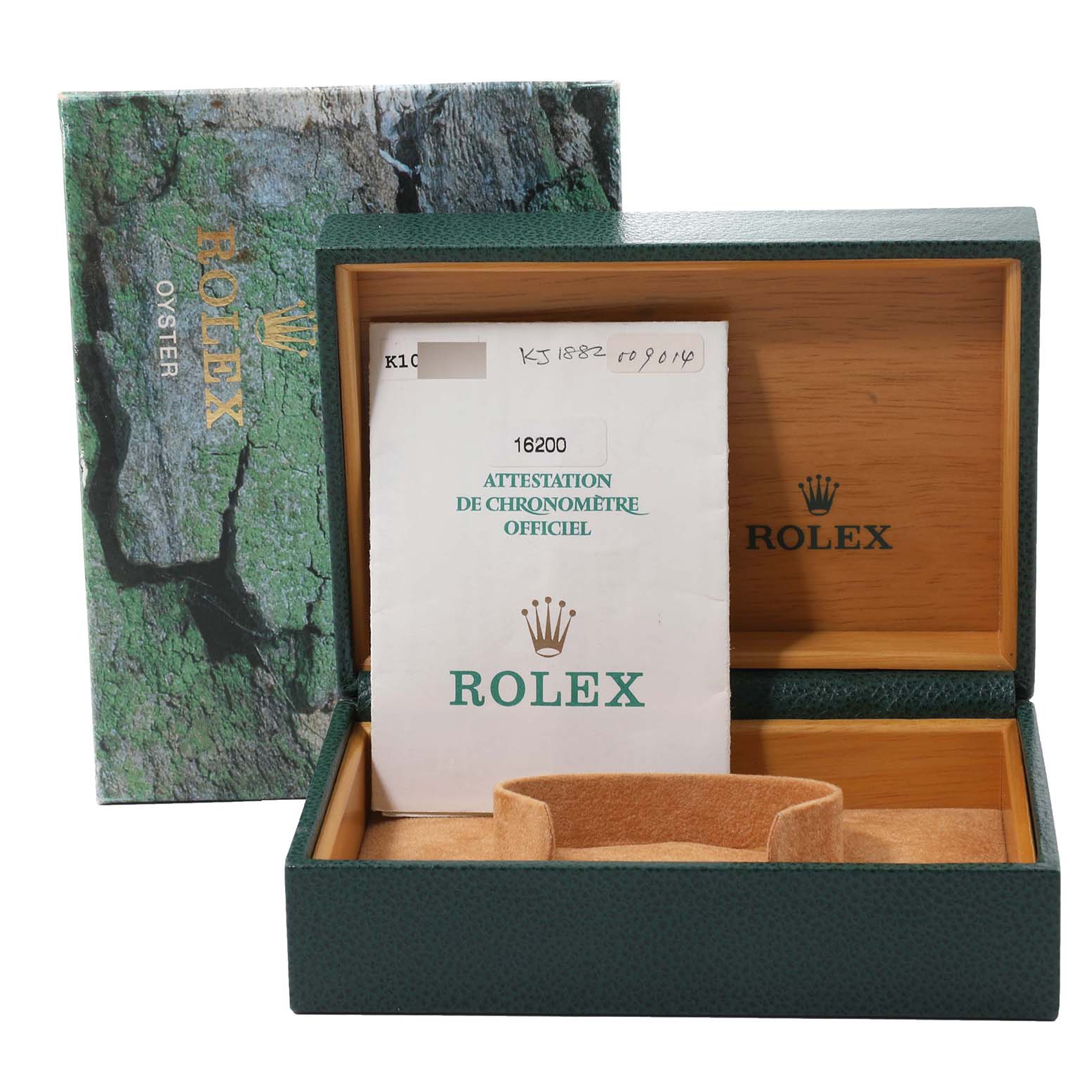 The image shows the box and official documentation for a Rolex Datejust 16200 Men's Stainless Steel Blue Dial 16200 Men's Stainless Steel Blue Dial watch from the front.