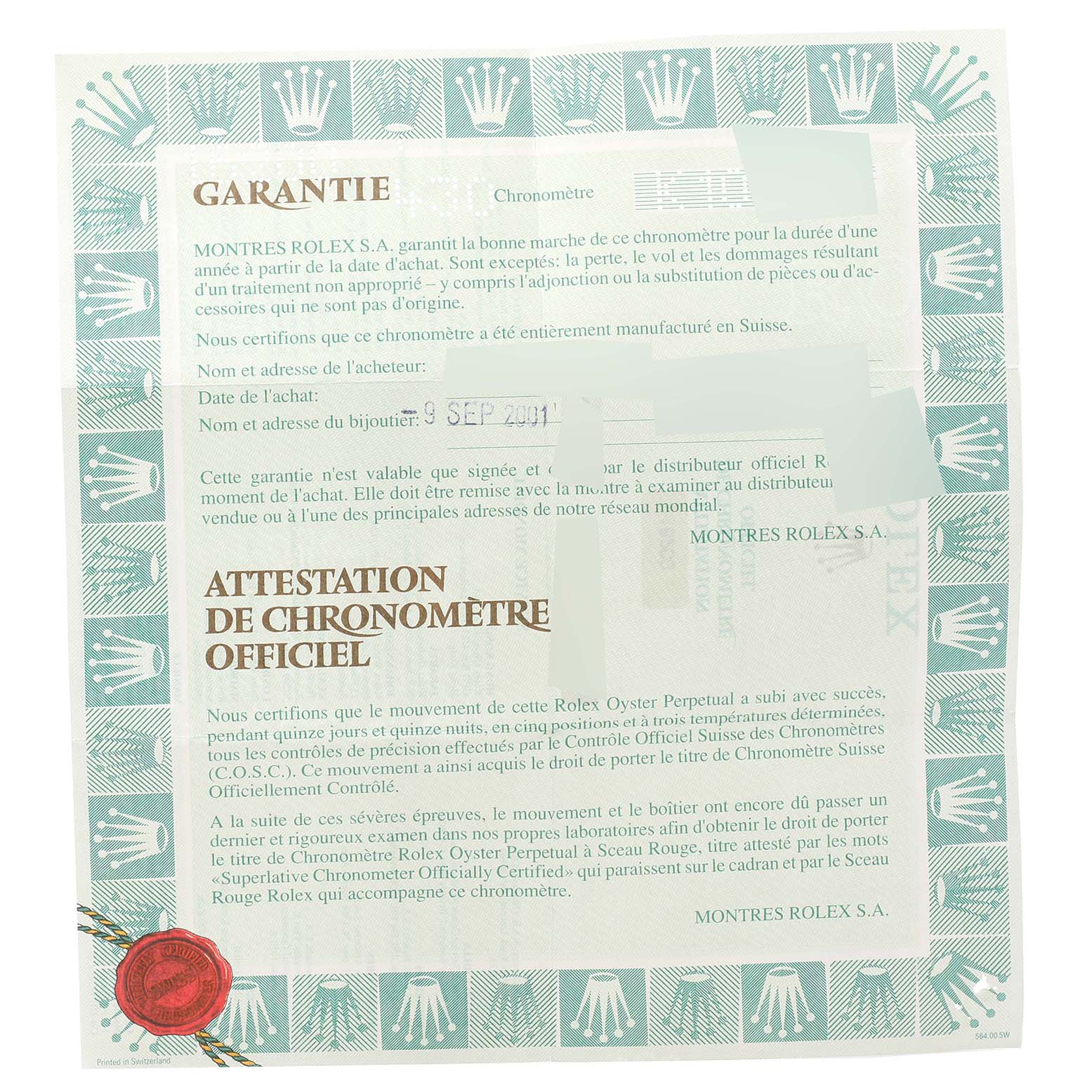 This image shows the official warranty and chronometer certification documents for a Rolex Datejust 16200 Men's Stainless Steel Blue Dial 16200 Men's Stainless Steel Blue Dial watch.