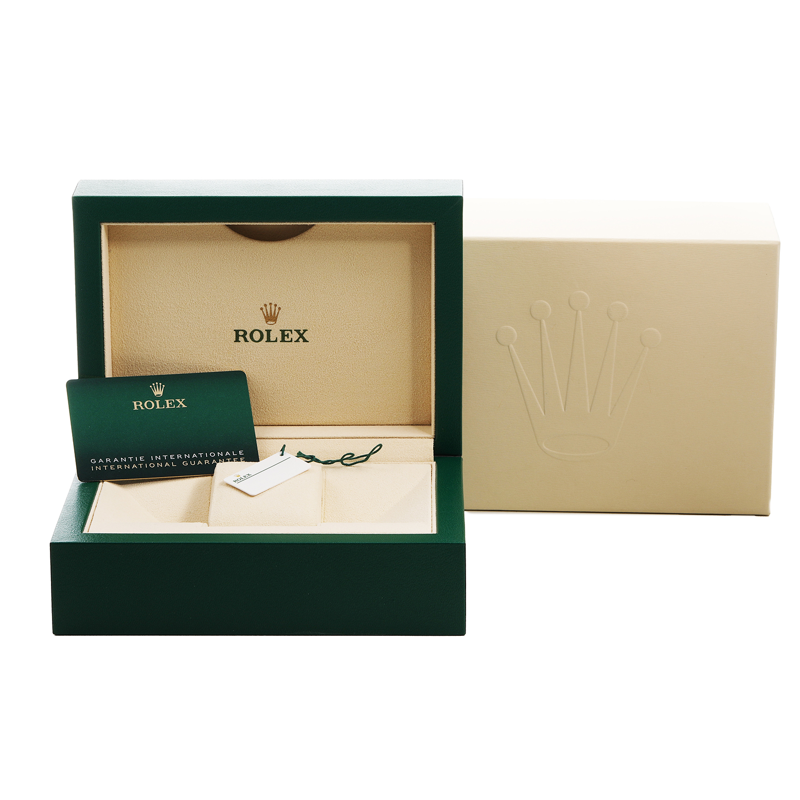 The image shows a Rolex Mid-Size 278274 Women's Steel and Gold (two tone) Mother of Pearl Dial watch box, card, and tags from a front angle.