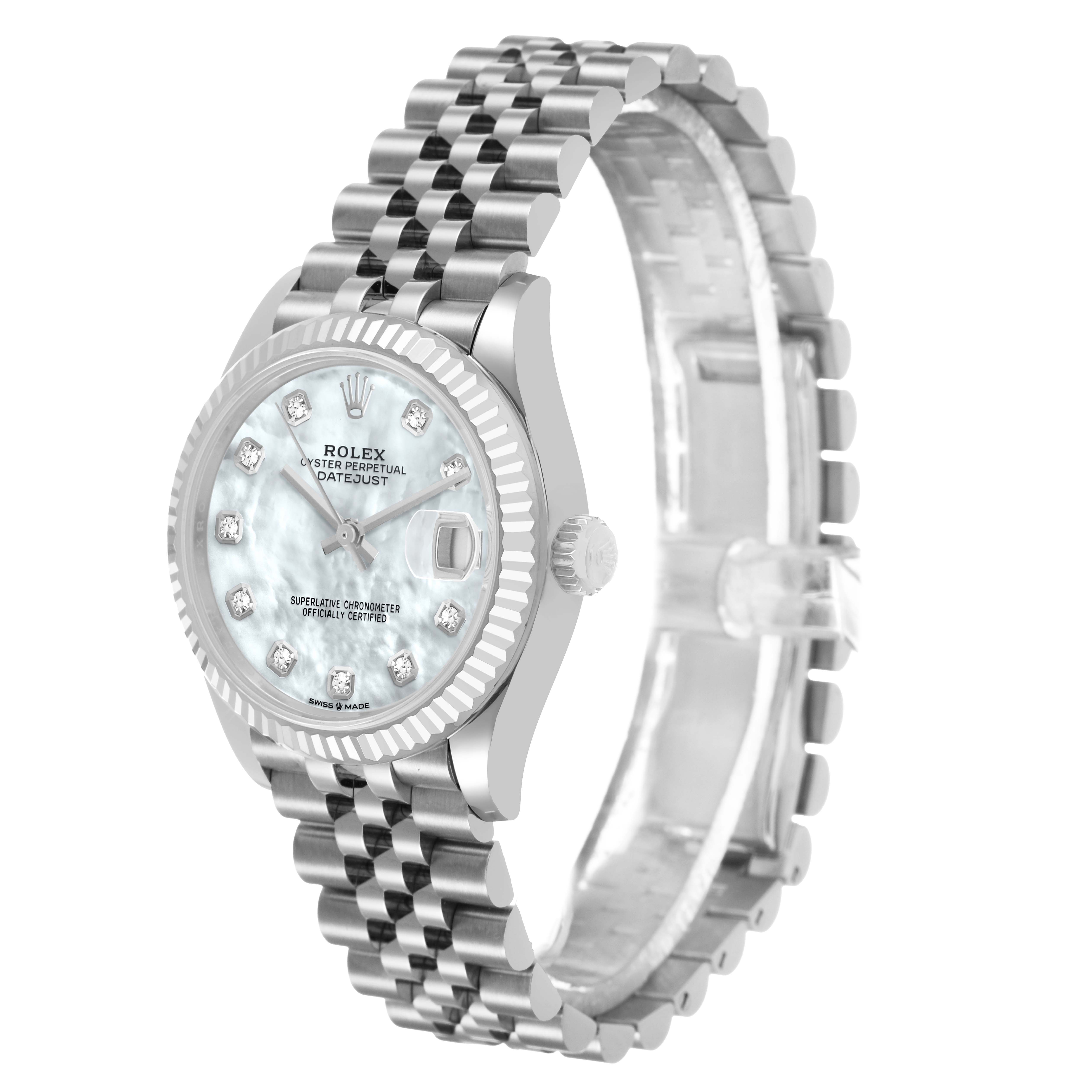 The Rolex Mid-Size 278274 Women's Steel and Gold (two tone) Mother of Pearl Dial watch is shown at an angled view, highlighting its face, bezel, crown, and bracelet.
