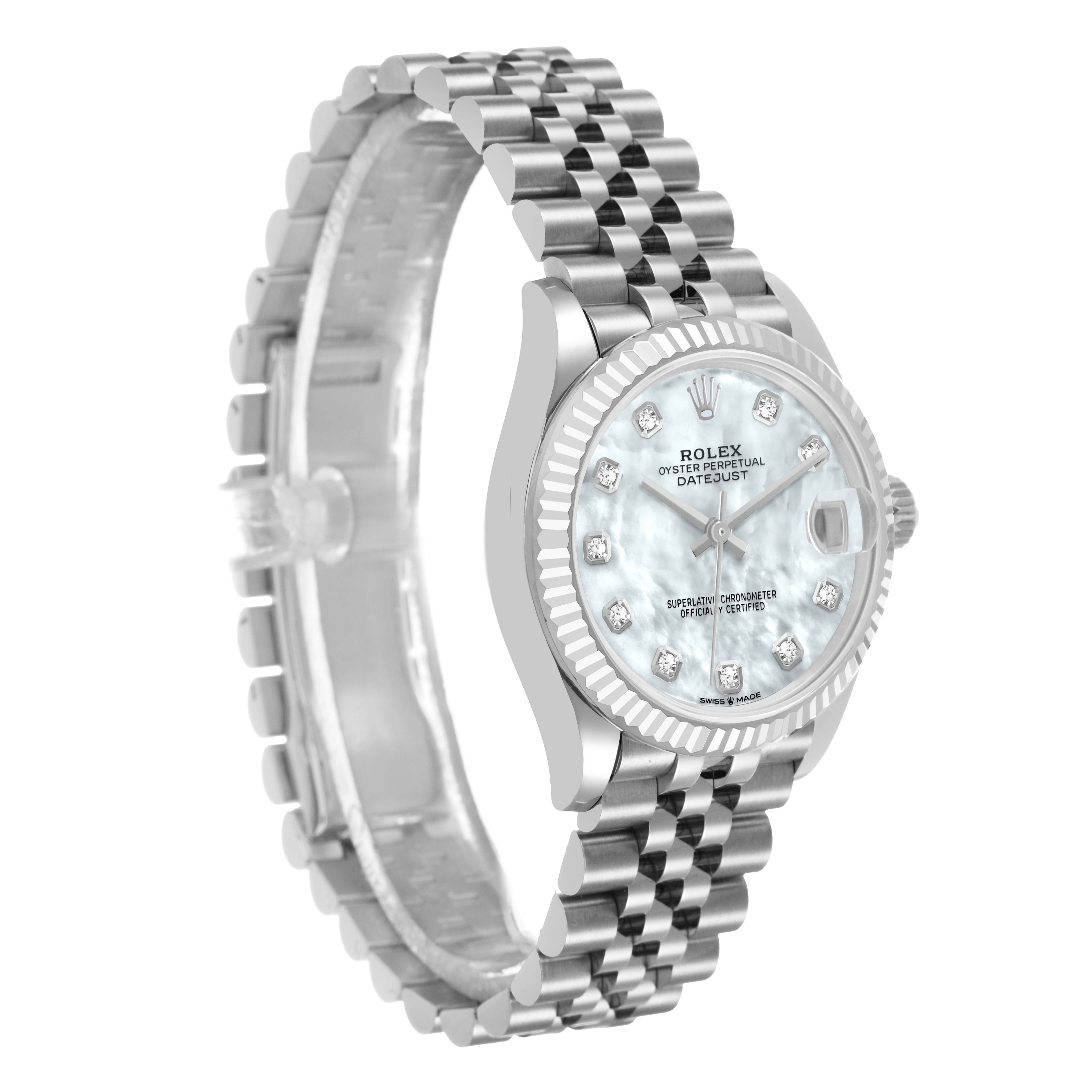 This Rolex Mid-Size 278274 Women's Steel and Gold (two tone) Mother of Pearl Dial watch is shown at a three-quarter angle, highlighting the dial, bezel, and bracelet.