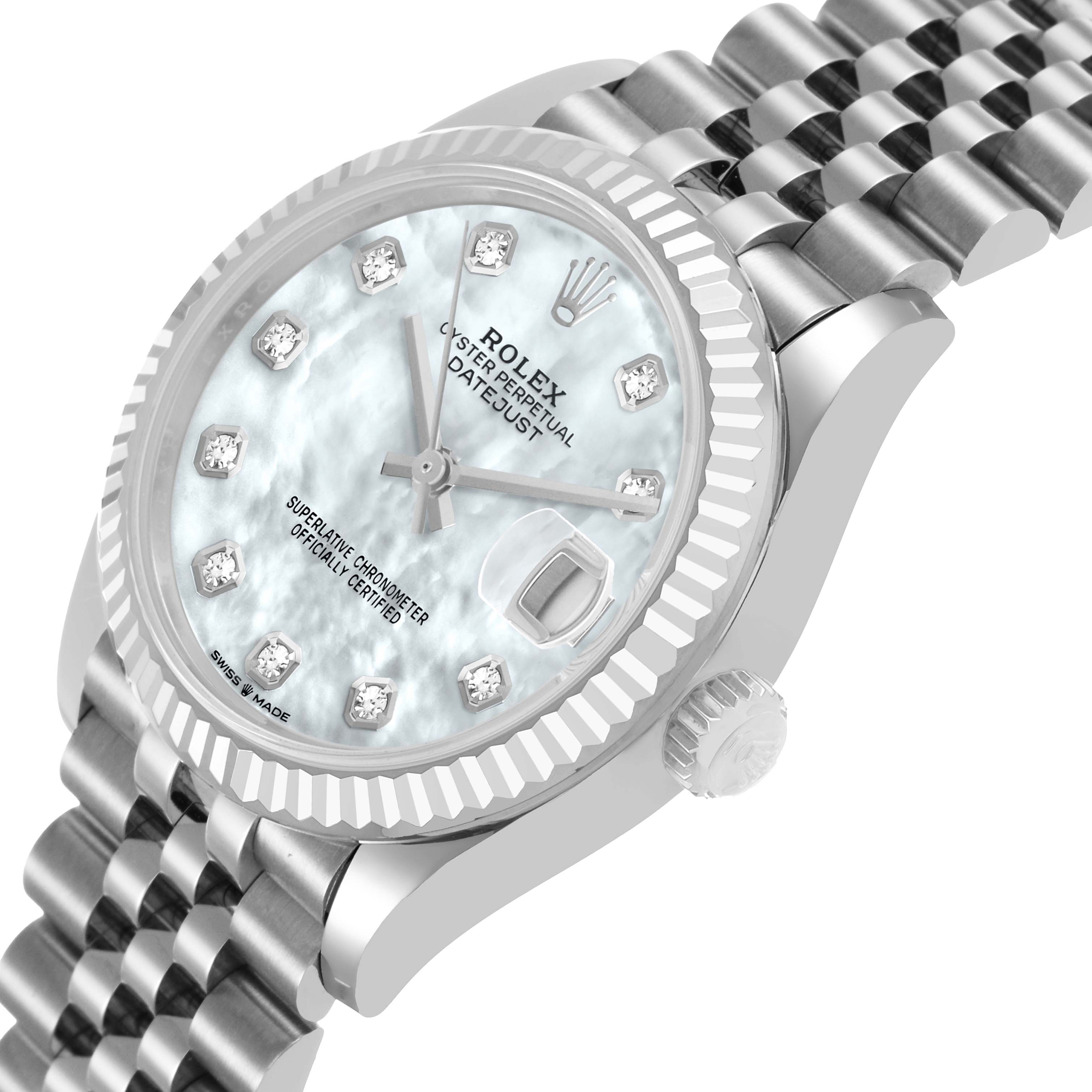 The image shows a side angle of the Rolex Datejust Mid-Size, highlighting the dial, fluted bezel, crown, and bracelet.