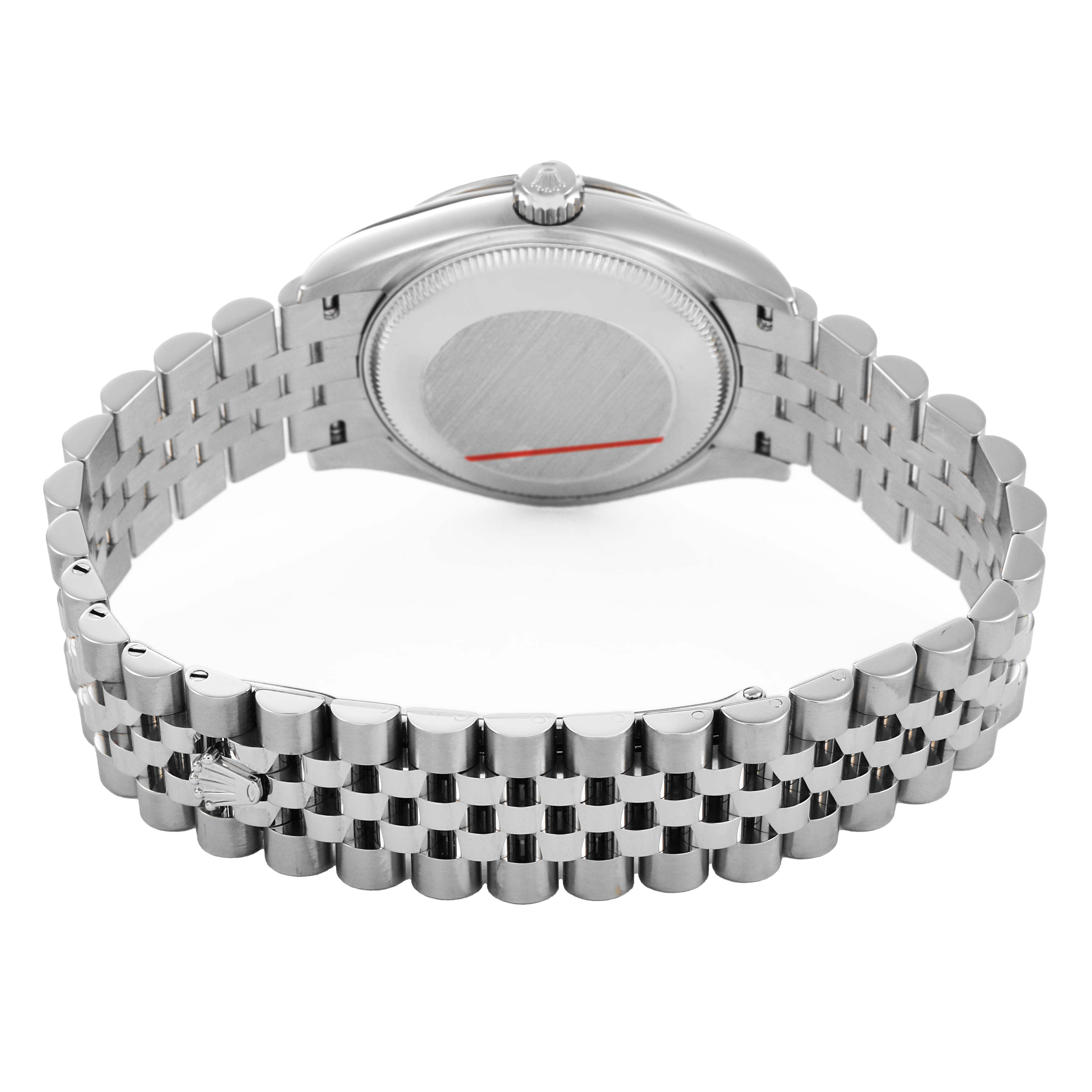 The image shows the back view of a Rolex Mid-Size 278274 Women's Steel and Gold (two tone) Mother of Pearl Dial watch, highlighting the case back and Jubilee bracelet.