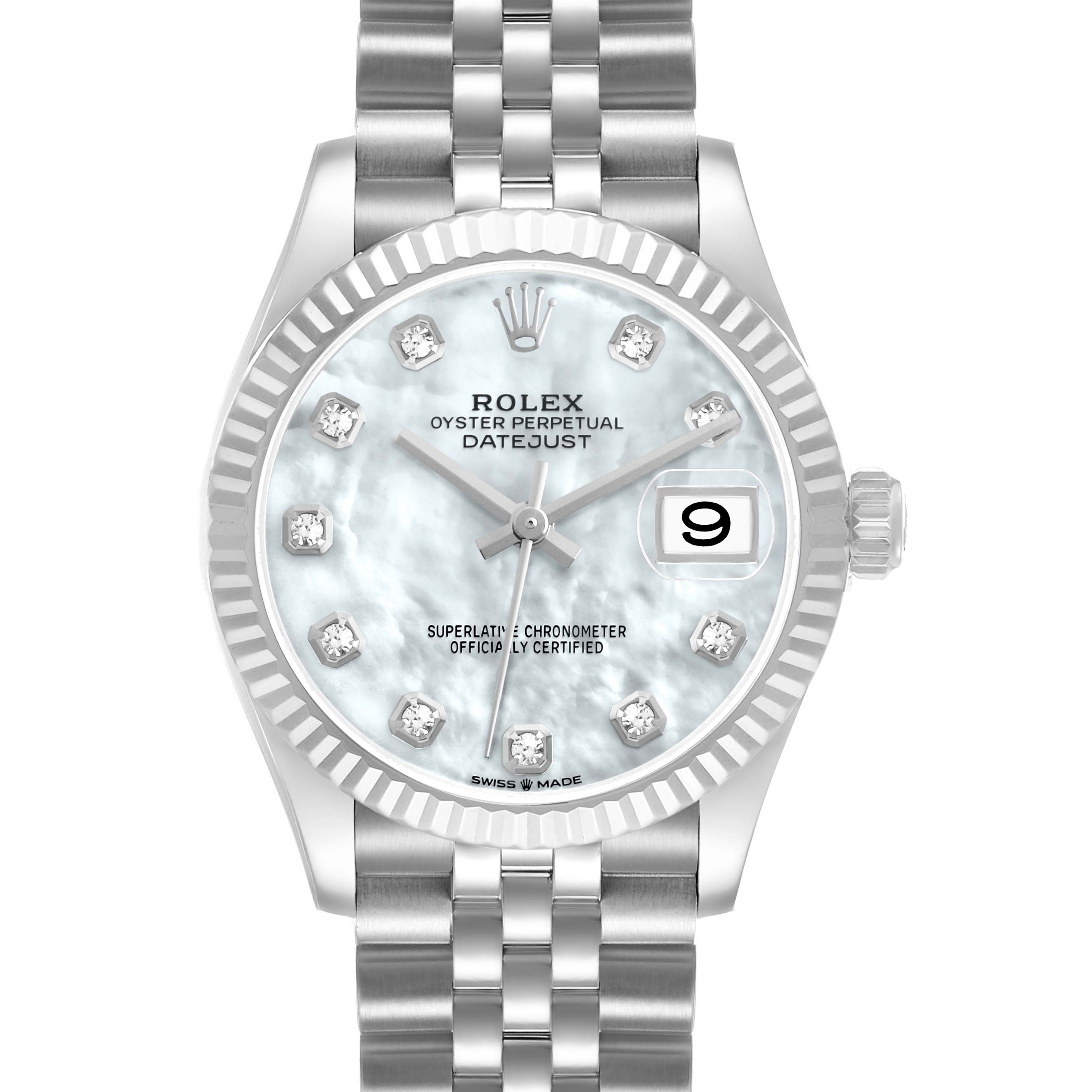 The Rolex Mid-Size 278274 Women's Steel and Gold (two tone) Mother of Pearl Dial Datejust is shown from the front, displaying its face, bezel, crown, and bracelet.