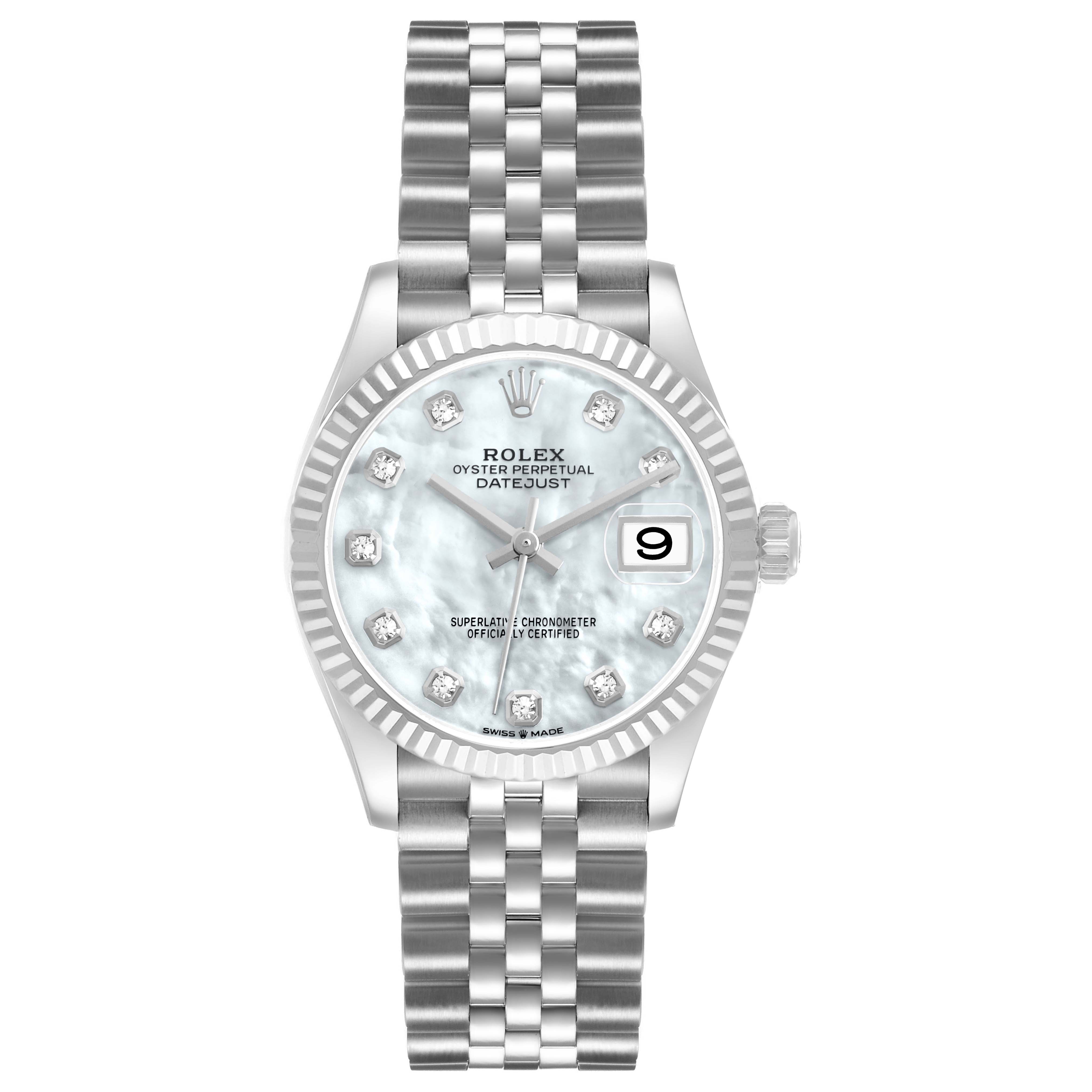 The Rolex Datejust Mid-Size watch is shown from the front, featuring the dial, bezel, bracelet, and crown.