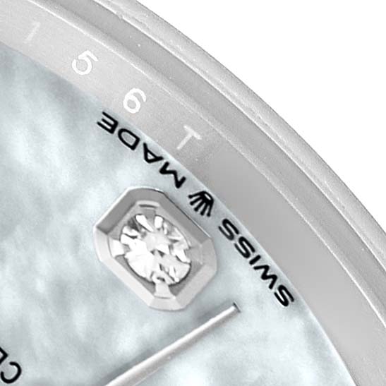 This image shows a close-up of the dial and diamond hour marker on the Rolex Mid-Size 278274 Women's Steel and Gold (two tone) Mother of Pearl Dial watch, highlighting "SWISS MADE."