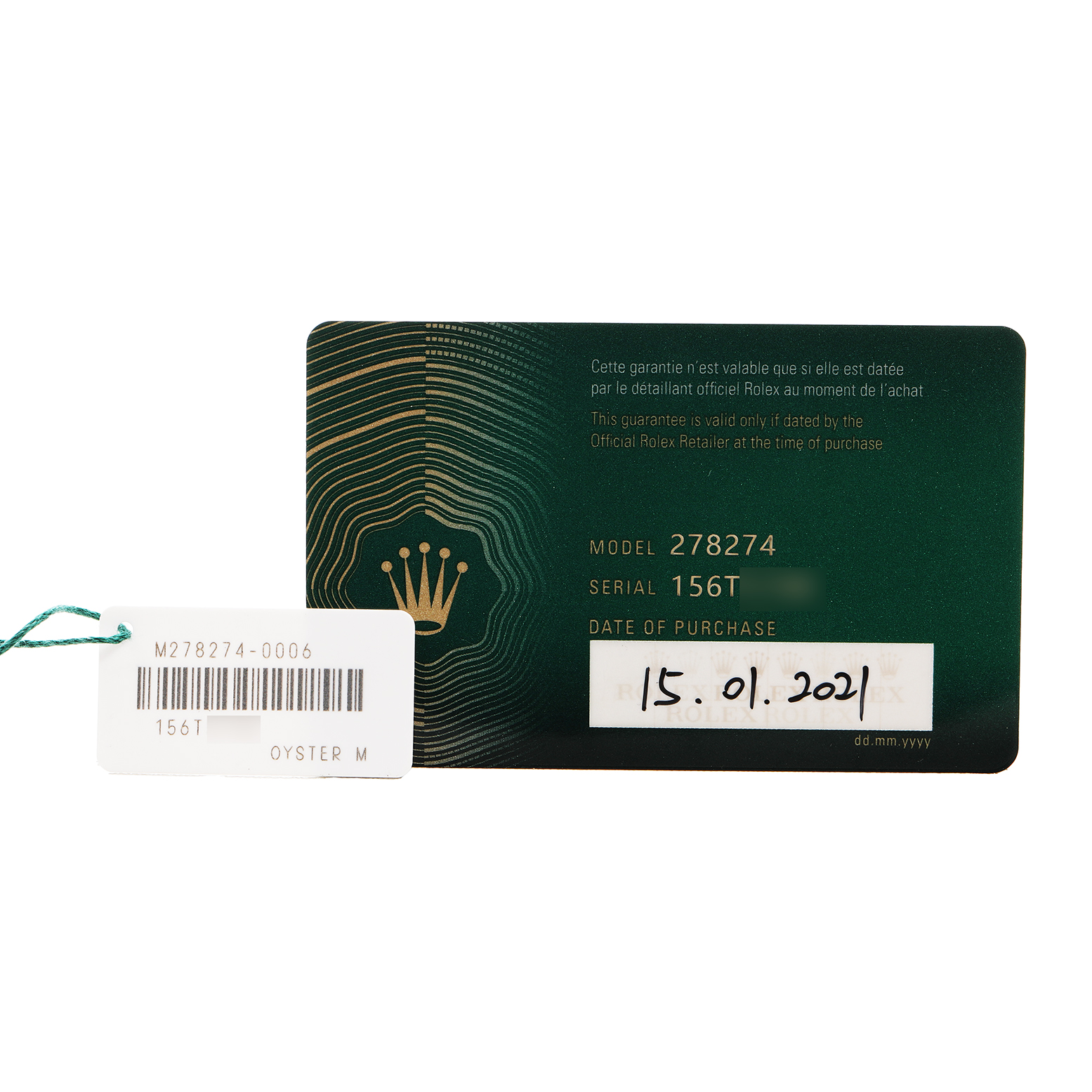 The image shows a Rolex Mid-Size 278274 Women's Steel and Gold (two tone) Mother of Pearl Dial model warranty card and a hang tag with model and serial numbers.