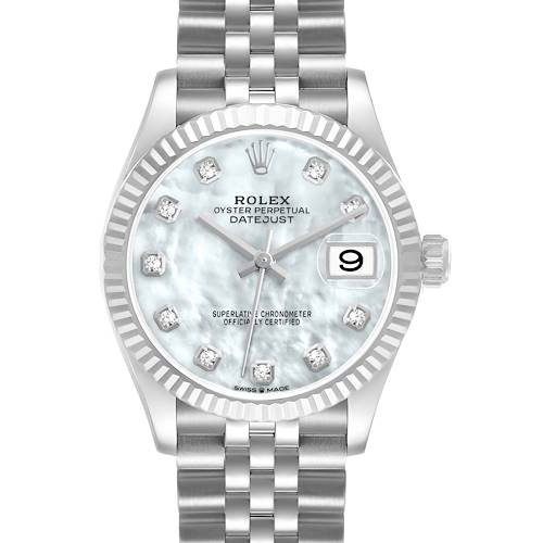 The Rolex Mid-Size 278274 Women's Steel and Gold (two tone) Mother of Pearl Dial Datejust watch is shown from the front, highlighting the dial, bezel, and bracelet.