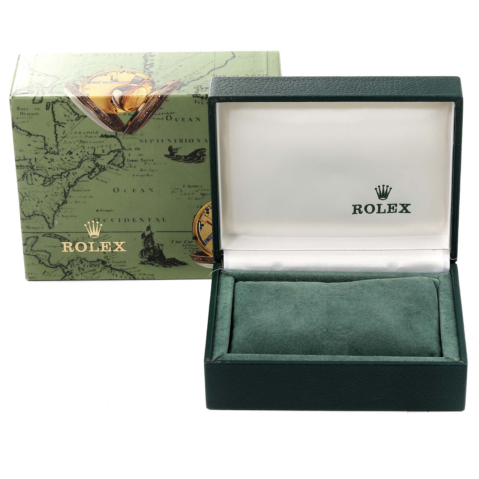 The image shows an open storage box for a Rolex Mid-Size 68273 Women
s Steel and Gold (two tone) Champagne Dial 68273 Women
s Steel and Gold (two tone) Champagne Dial watch, with the outer green box behind it.