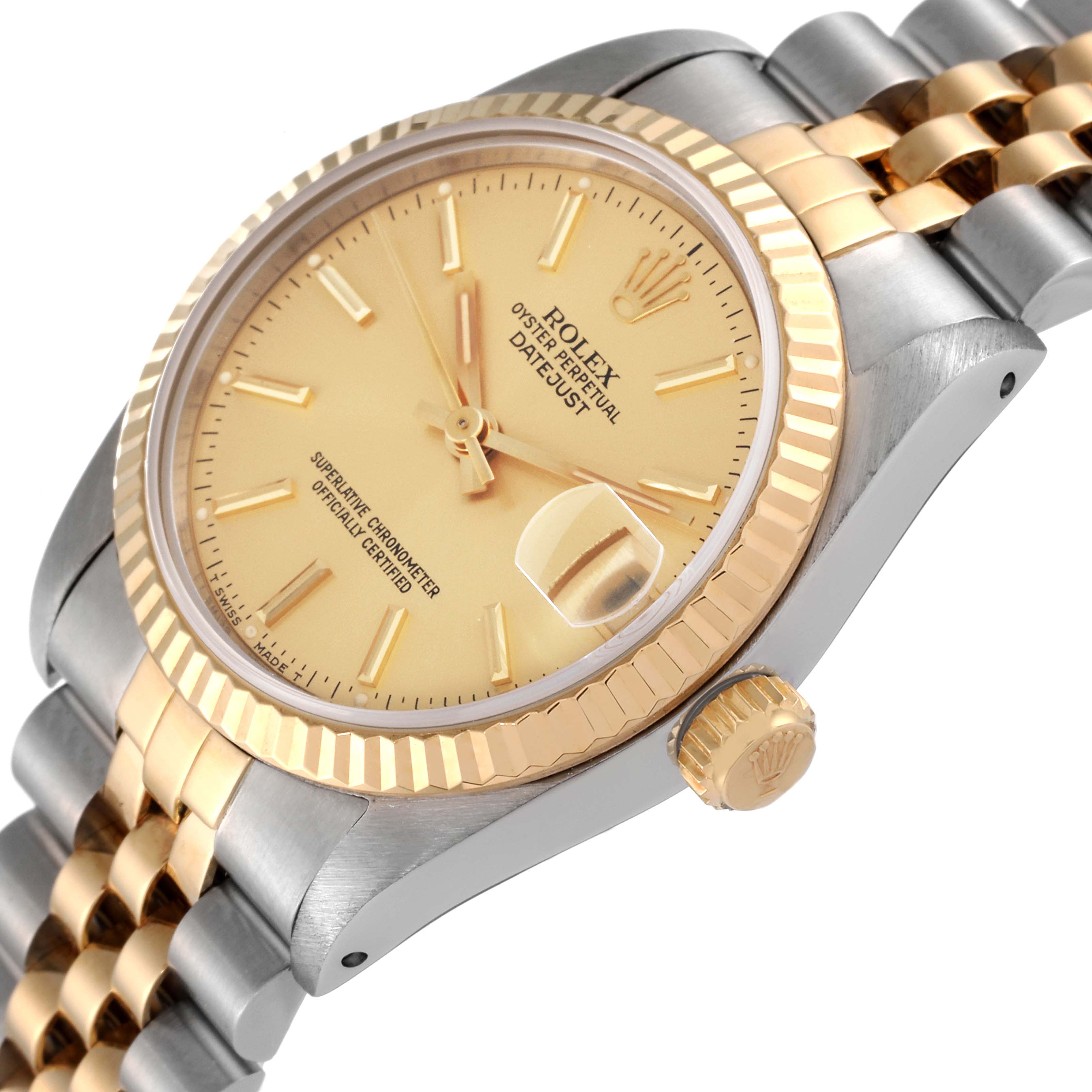 This image shows a side angle of the Mid-Size Rolex Datejust, highlighting its gold bezel, crown, and two-tone bracelet.