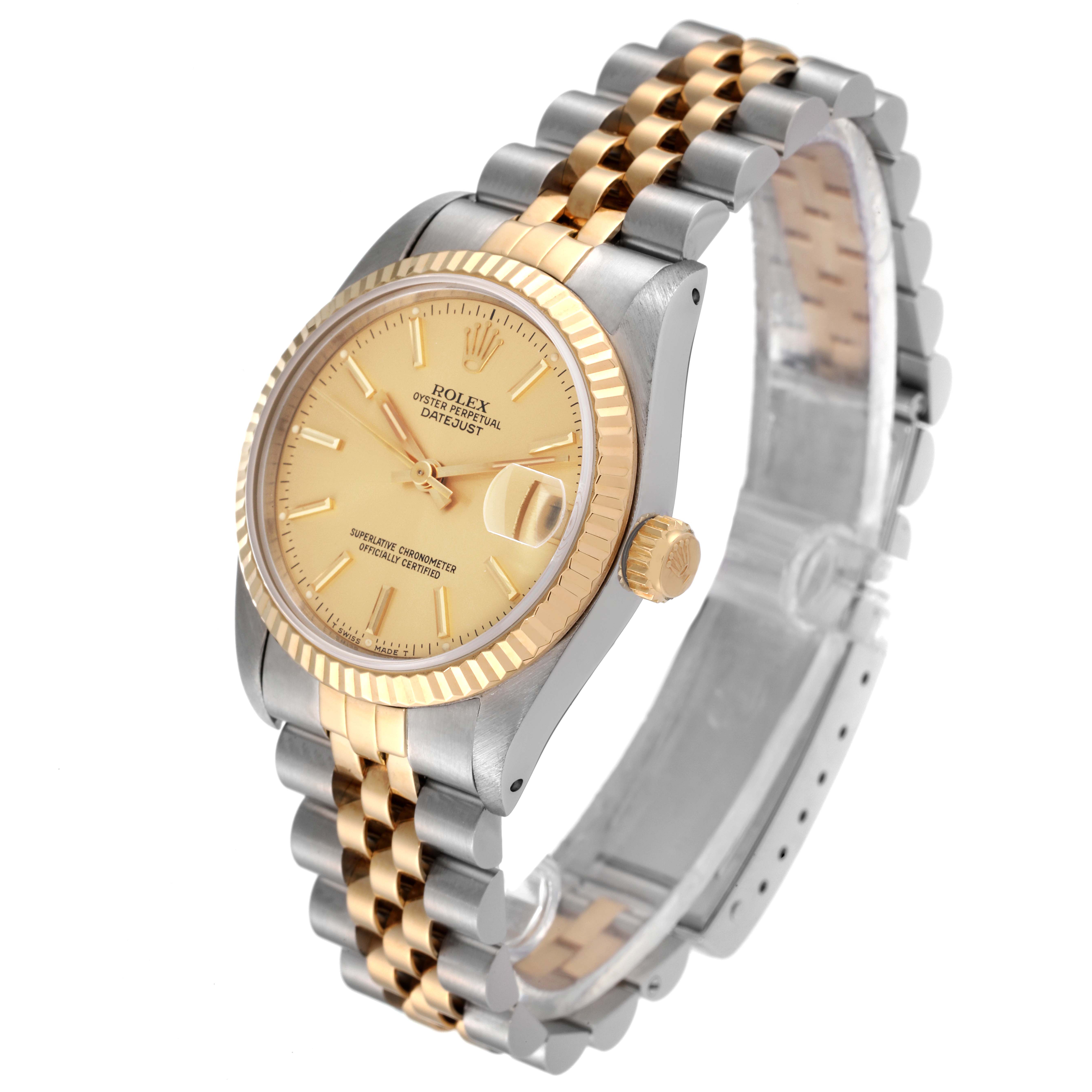 The image shows a Rolex Mid-Size 68273 Women
s Steel and Gold (two tone) Champagne Dial 68273 Women
s Steel and Gold (two tone) Champagne Dial watch at a three-quarter angle, highlighting the face, bezel, dial, crown, and bracelet.