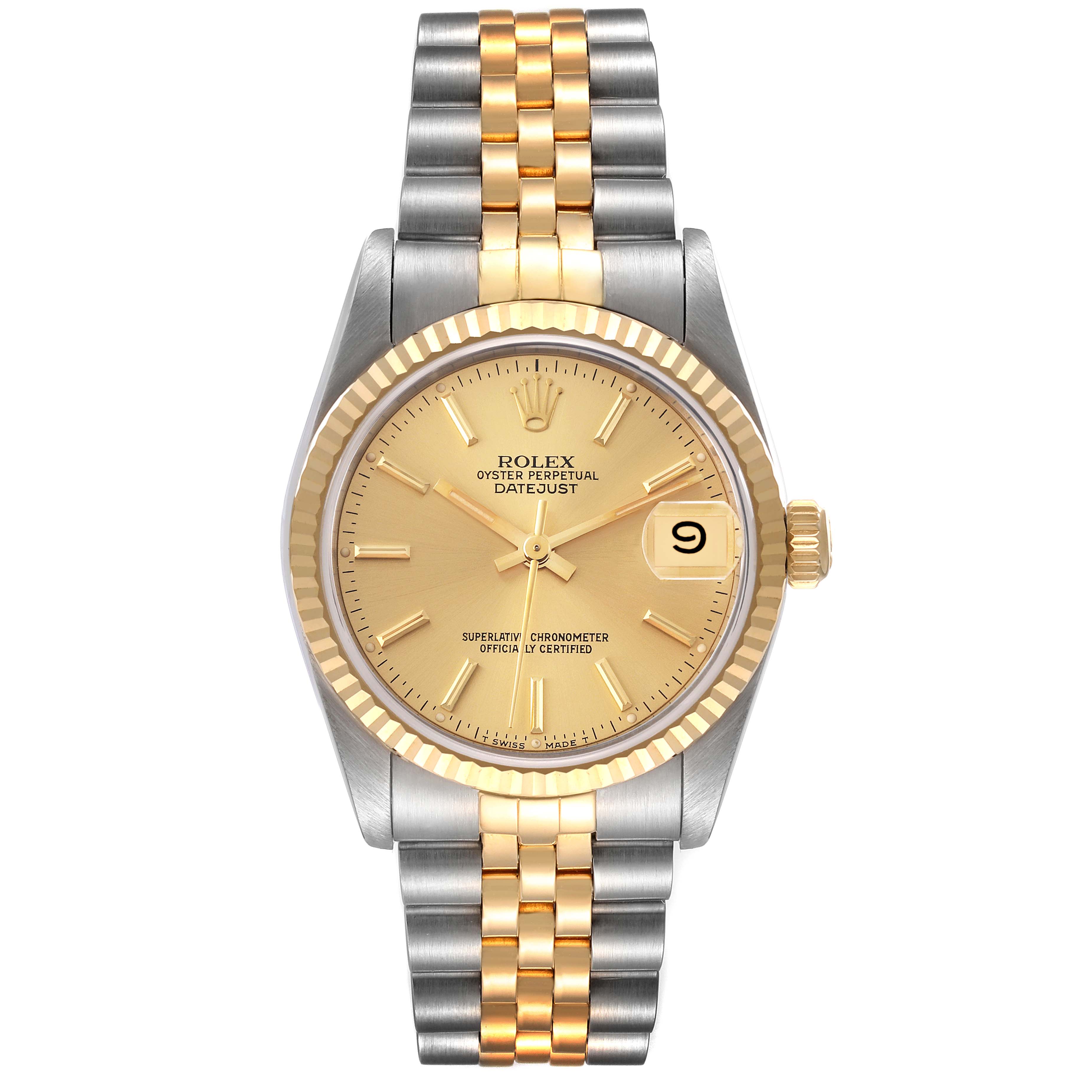 The Rolex Mid-Size 68273 Women
s Steel and Gold (two tone) Champagne Dial 68273 Women
s Steel and Gold (two tone) Champagne Dial Oyster Perpetual Datejust is shown from a top view, featuring a two-tone bracelet, gold dial, and fluted bezel.