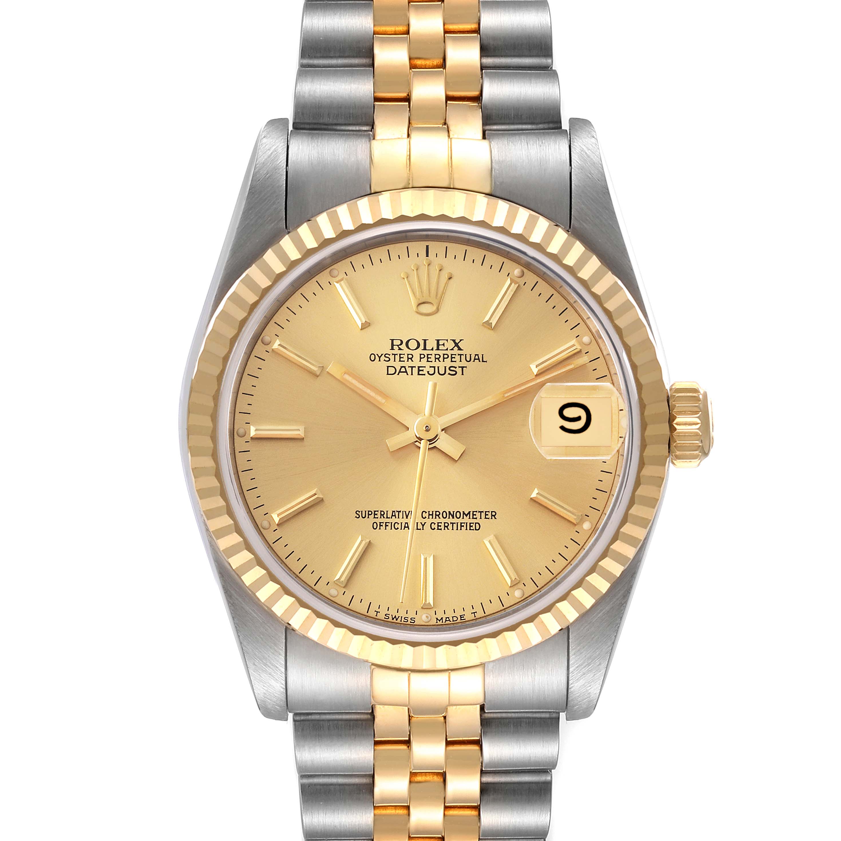 The image shows a front view of a Rolex Mid-Size 68273 Women
s Steel and Gold (two tone) Champagne Dial 68273 Women
s Steel and Gold (two tone) Champagne Dial Oyster Perpetual Datejust wristwatch with a gold dial and two-tone bracelet.