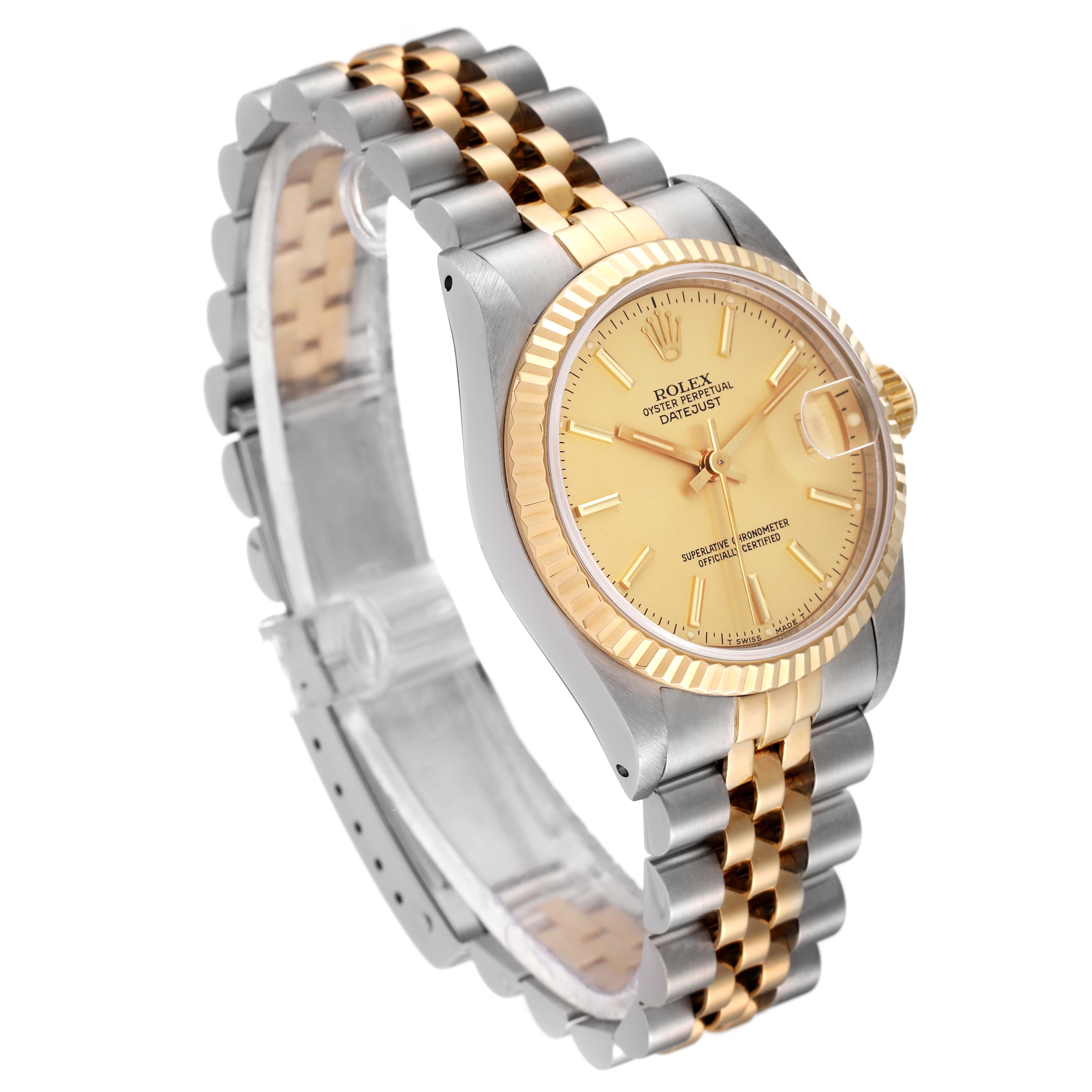 The Rolex Mid-Size 68273 Women
s Steel and Gold (two tone) Champagne Dial 68273 Women
s Steel and Gold (two tone) Champagne Dial watch is shown from a three-quarter angle, displaying its face, bezel, crown, and bicolor bracelet.