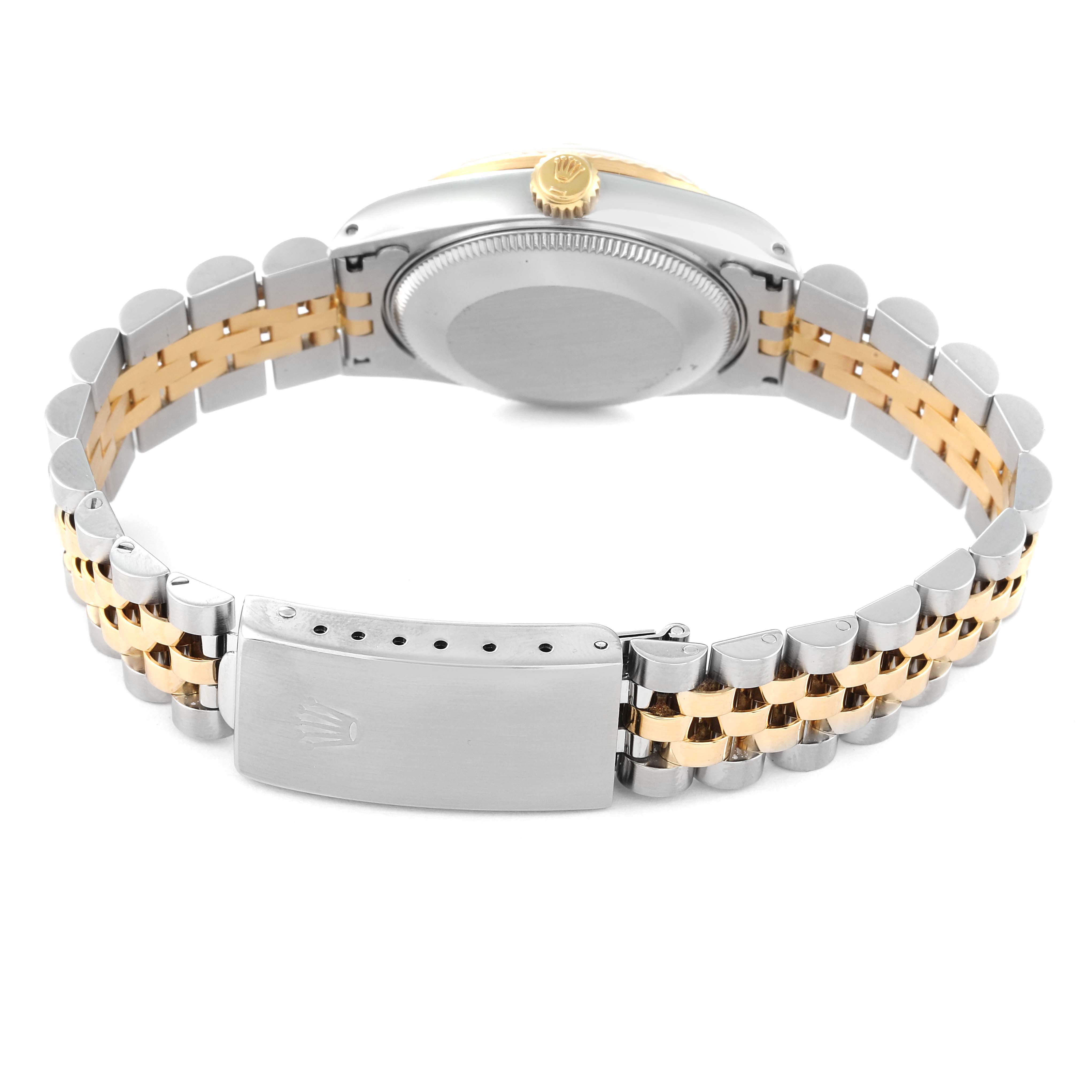 The image shows the back view of the Rolex Mid-Size 68273 Women's Steel and Gold (two tone) Champagne Dial 68273 Women's Steel and Gold (two tone) Champagne Dial model, highlighting the case, crown, and two-tone metal bracelet with clasp.