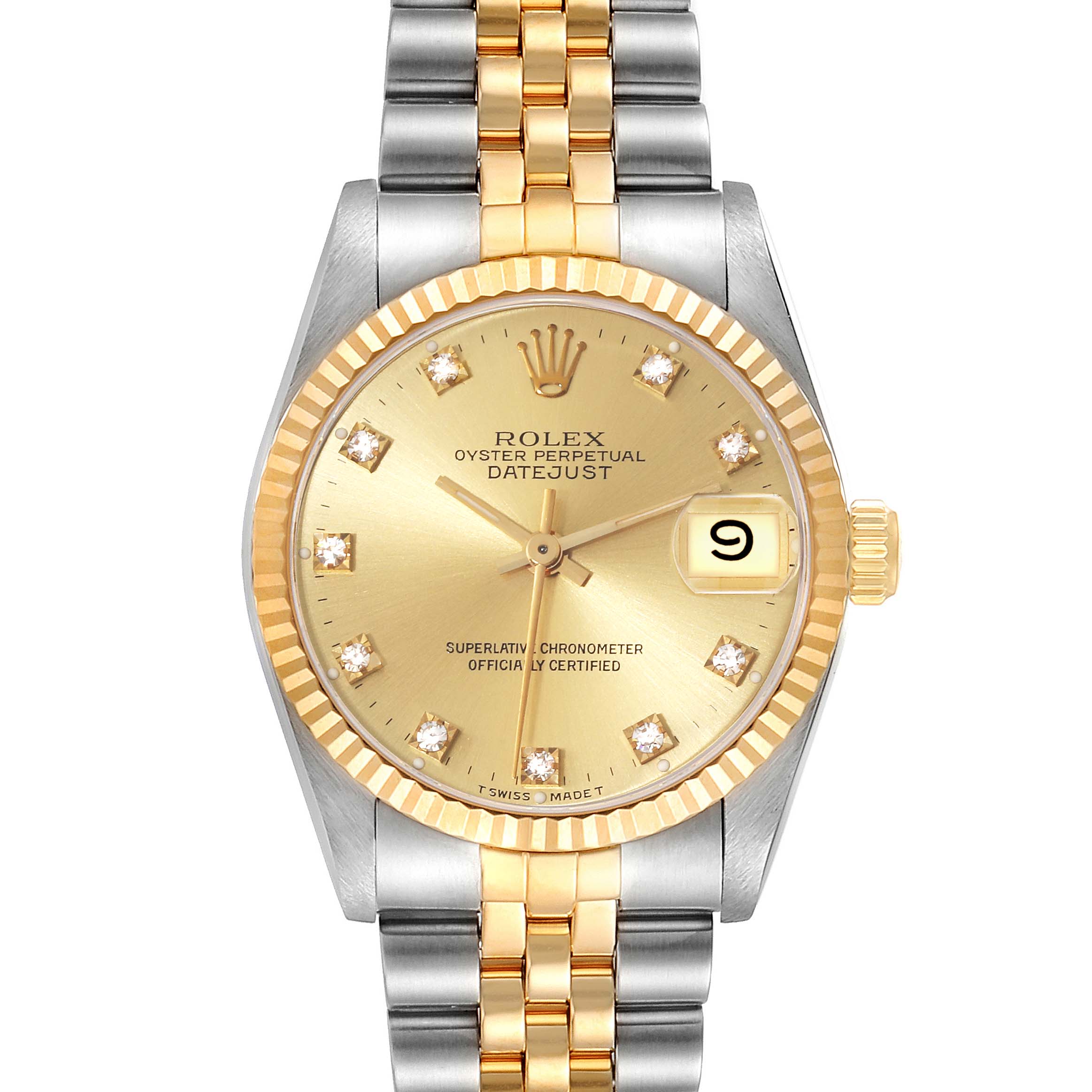This image shows a front view of a Rolex Mid-Size 68273 Women's Steel and Gold (two tone) Champagne Dial 68273 Women's Steel and Gold (two tone) Champagne Dial Oyster Perpetual Datejust watch with a gold and stainless steel bracelet.
