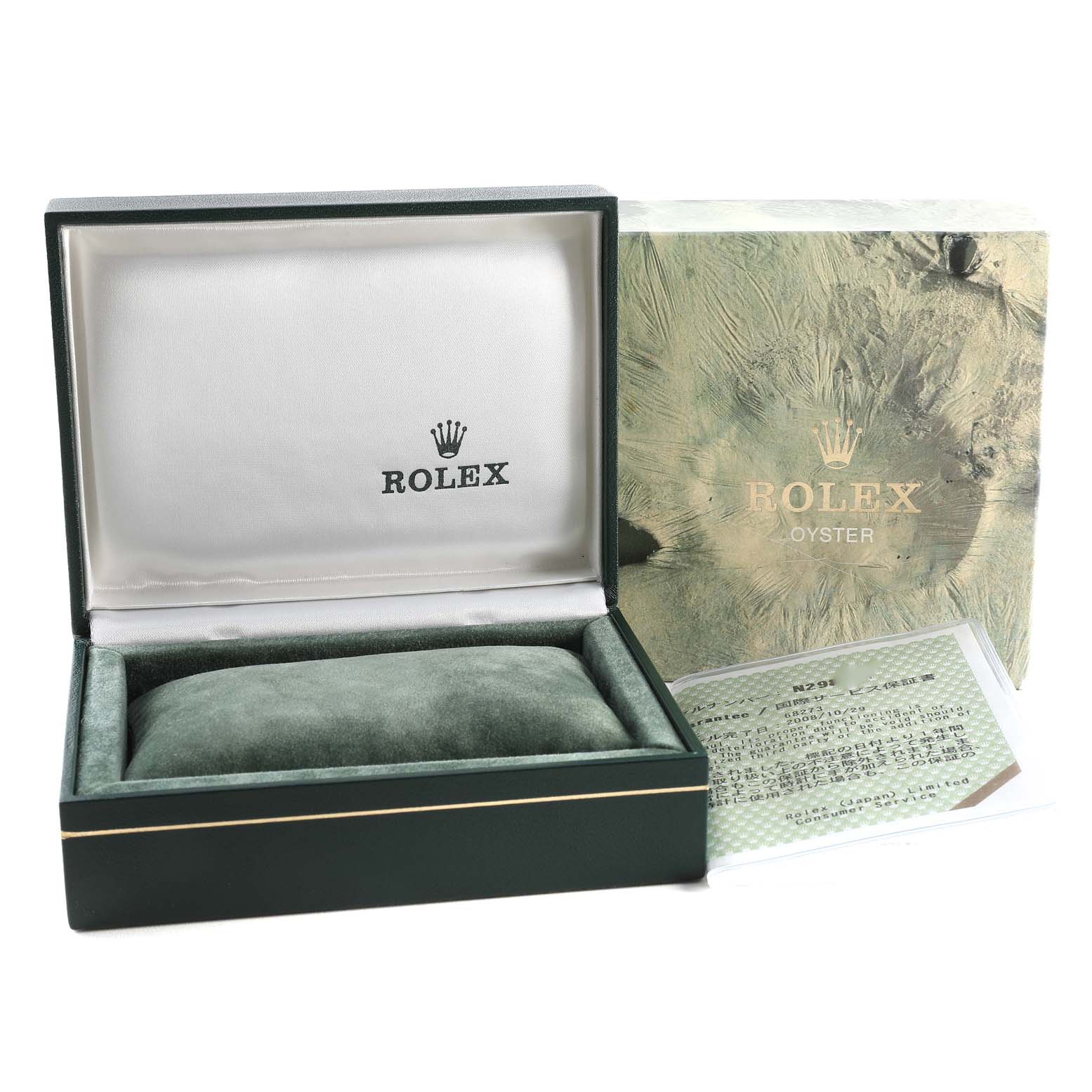 The image shows an open box set for a Rolex Mid-Size 68273 Women's Steel and Gold (two tone) Champagne Dial 68273 Women's Steel and Gold (two tone) Champagne Dial watch, including the inner cushioned display, outer box, and support papers.